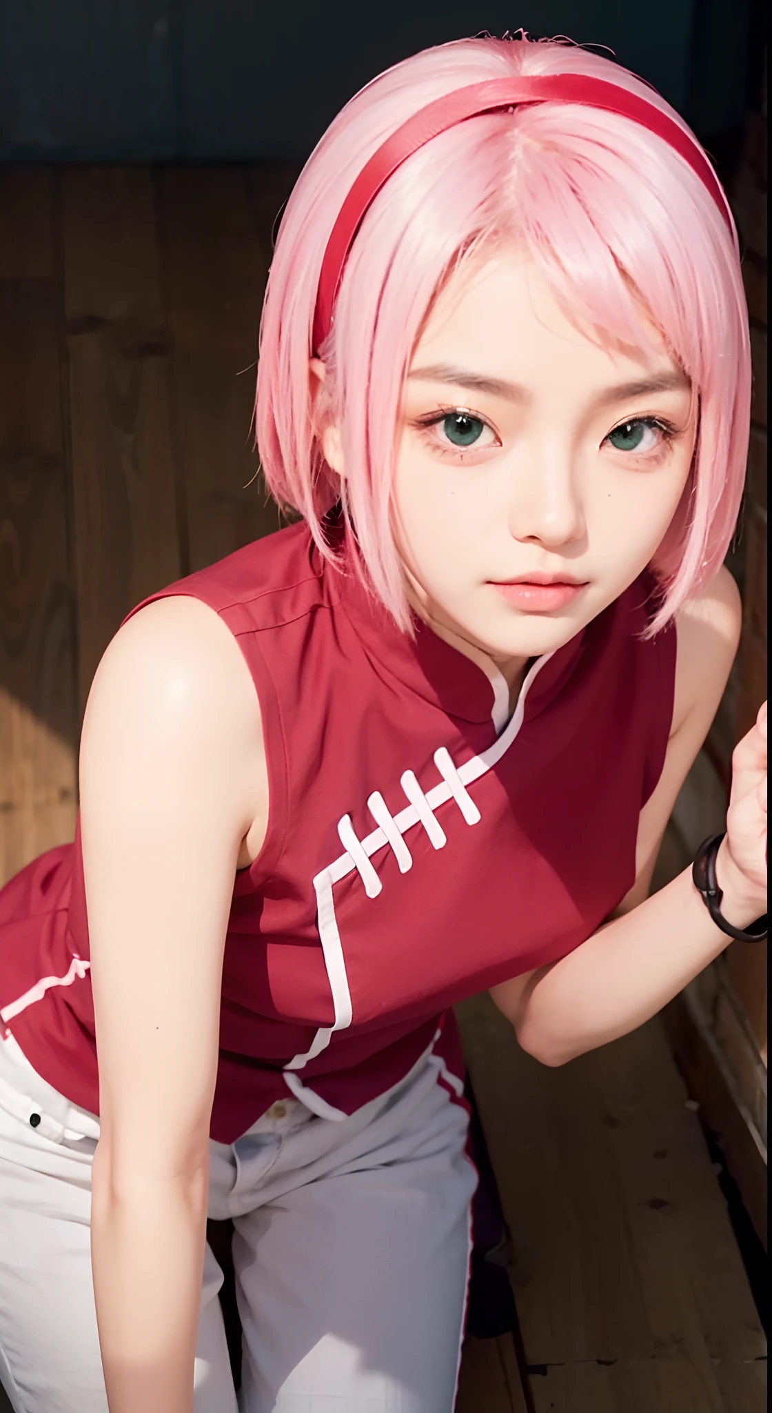 Real life adaption of this character, asian teen beauty, realistic same hair, realistic outfit, realistic white pant,realistic light, realistic shadow, hyper realistic, realism, realistic background,(photorealistic:1.2),green eyes color,shy expression