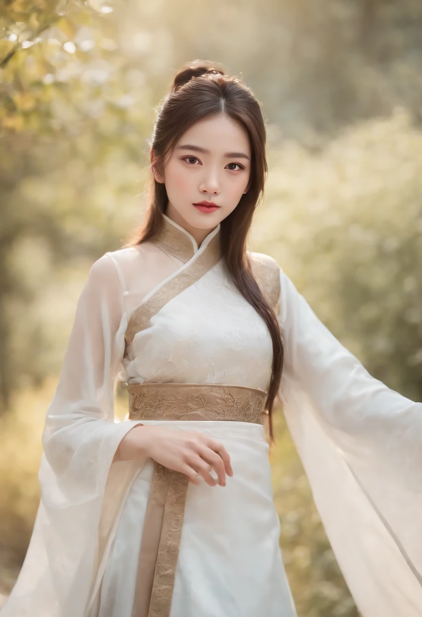 A girl, ancient Chinese costume, whole body, sunshine, clear face, clean white background, masterpiece, super detail, epic composition, ultra HD, high quality, extremely detailed, official art, uniform 8k wallpaper, super detail, 32k