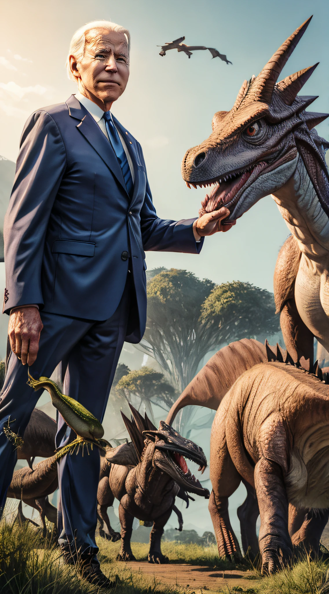 Generate an image featuring President Joe Biden standing alongside three lifelike and diverse dinosaurs, symbolizing his commitment to unity, diversity, and a forward-looking vision for the future."