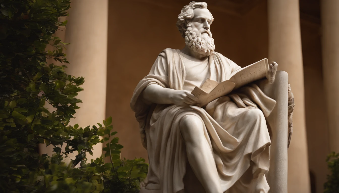 stoic statues of Seneca sitting with book in hand, muscular 8k