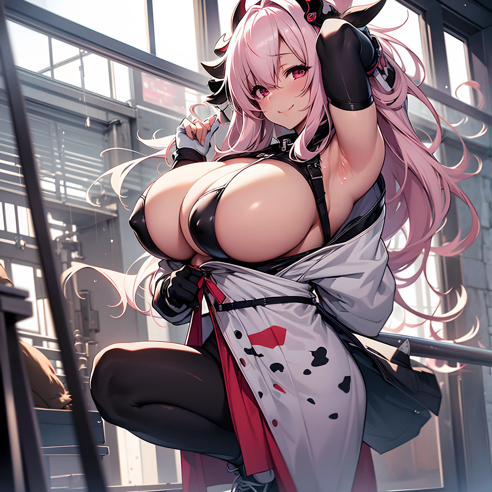 BDSM, open one's legs, Crab stocks, naked girl, But also, Bed in front of the large window in the bedroom, Bright light of the morning sun, On silk sheets, sprawl, Pose showing armpits, Arms turn back, super sonico, oppai, Colossal tits, Colossal tits, Ecchi, The Naked Goddess in Anime, Ecchi anime style, [ 4 k digital art ]!!, Chic, oppai proportions, with a big chest,　Black and white cow print bikini, Opening legs, opens his eyes wide, Back lighting, chest protrudes, Straight hair in pink color, a short bob, huge smile, perspiring, Strong backlighting, red tide, Black and white cow print gloves , Black and white cowprint tights, White sneakers, soaked, Wet in the rain of milk, Fisheye distortion, Composition looking up from a low perspective