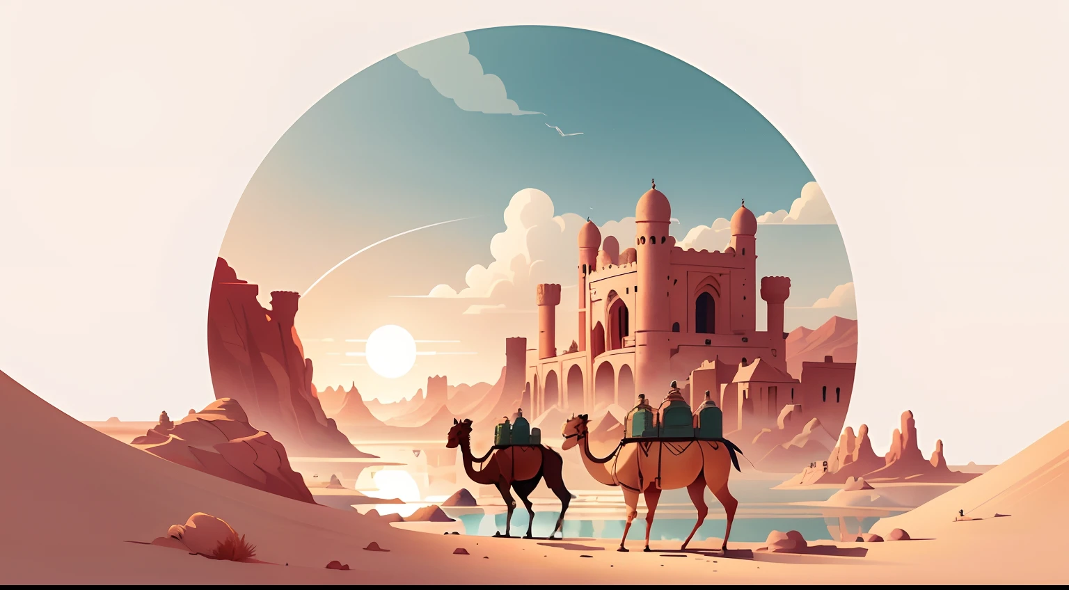 There are crescent-shaped lakes in the desert,It is surrounded by ancient buildings and sparse vegetation,In the distance, There was a camel caravan driving far away in the setting sun。Nature views, Minimalist illustration, Line illustration,richcolors