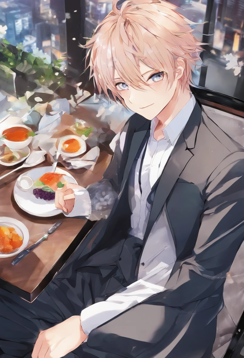 a cool,Background set meal restaurant,Men in suits, a smile, Delicate and fine, high detal, natural soft light, Trending on ArtStation, 8k, HD