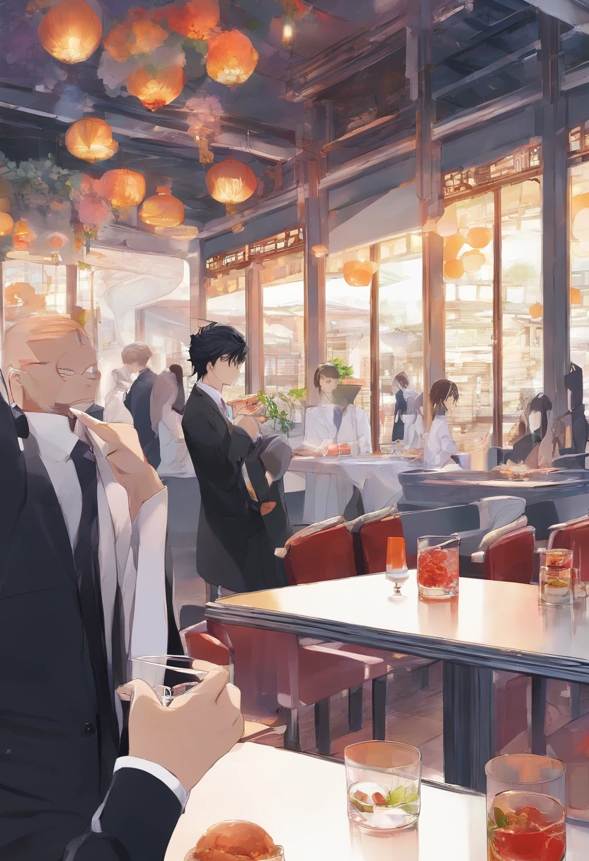 a cool,Background set meal restaurant,Men in suits, a smile, Delicate and fine, high detal, natural soft light, Trending on ArtStation, 8k, HD