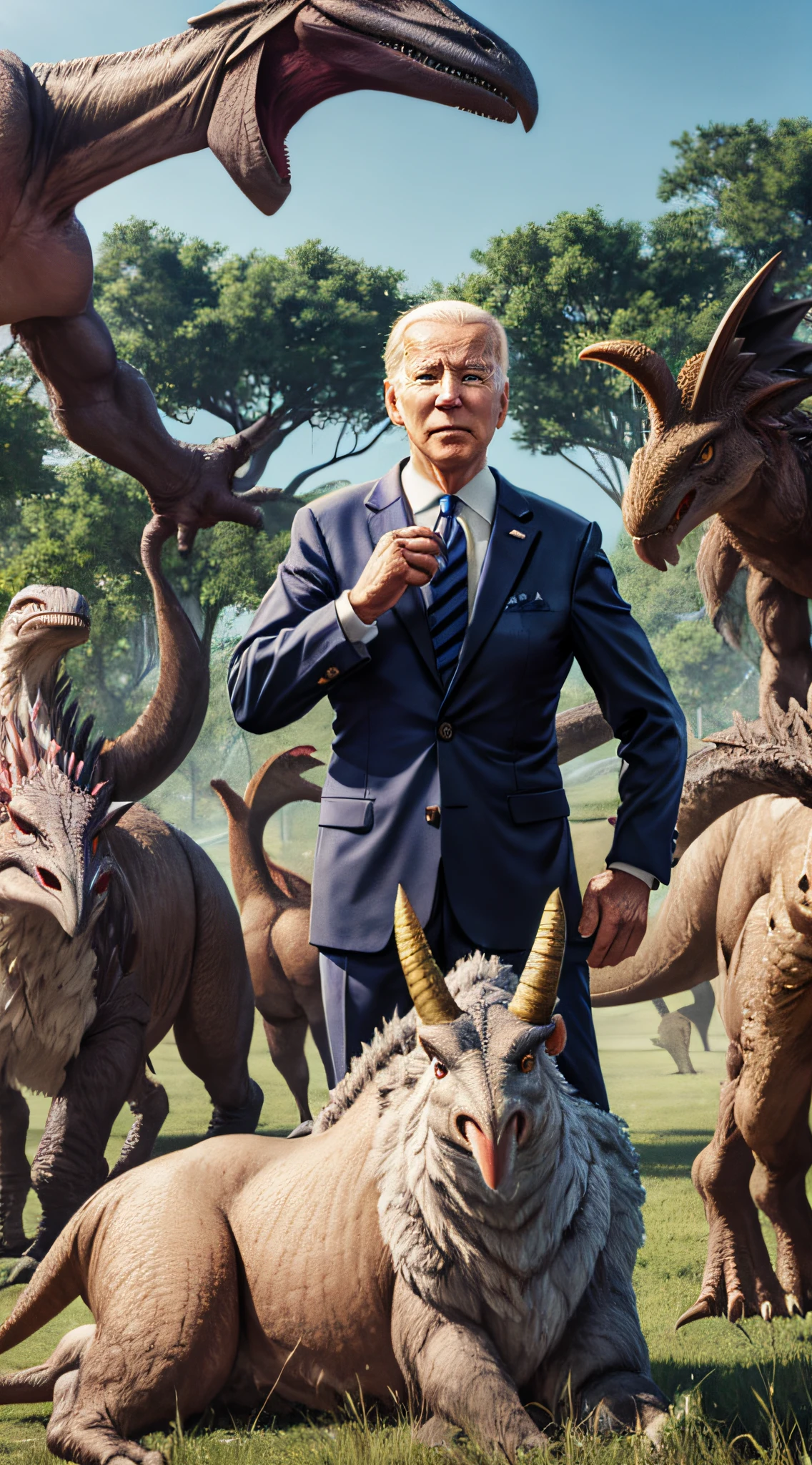 Generate an image featuring President Joe Biden standing alongside three lifelike and diverse dinosaurs, symbolizing his commitment to unity, diversity, and a forward-looking vision for the future."