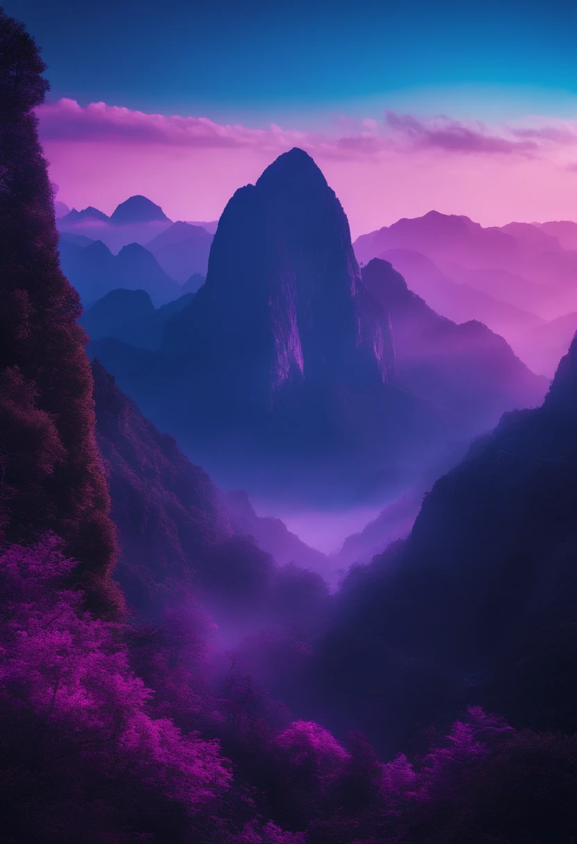 Lots of scenery of peaks and forests,Wan Fenglin,Heavy rocks,PURPLE NEON MONITOR LIGHT, Sun, Many peaks,retrowave