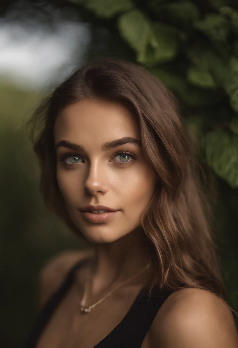Arafed woman with a white tank top and necklace, fille sexy aux yeux verts, Portrait Sophie Mudd, cheveux bruns et grands yeux, selfie of a young woman, Yeux de chambre, Violet Myers, sans maquillage, maquillage naturel, looking straight at camera, Visage avec Artgram, Maquillage subtil, Superbe photo du corps entier, piercing green eyes