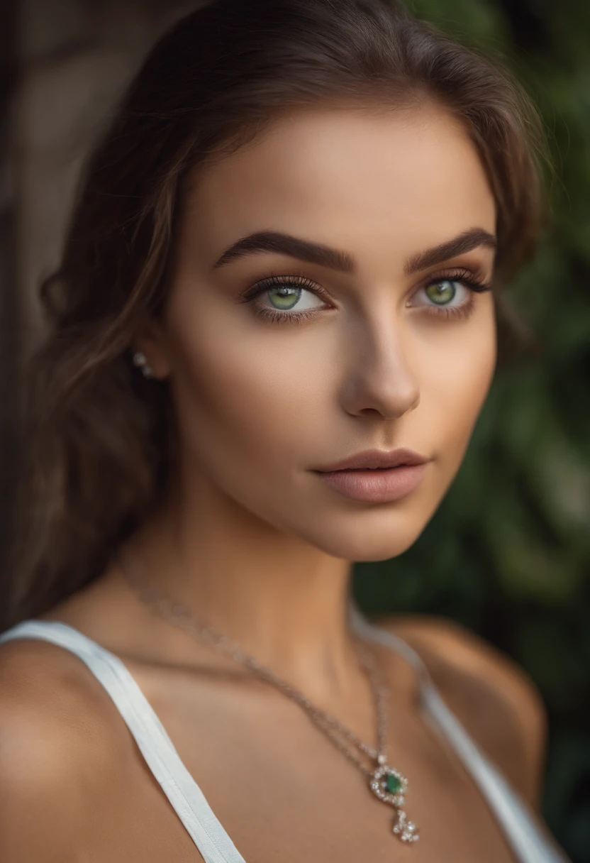 Arafed woman with a white tank top and necklace, fille sexy aux yeux verts, Portrait Sophie Mudd, cheveux bruns et grands yeux, selfie of a young woman, Yeux de chambre, Violet Myers, sans maquillage, maquillage naturel, looking straight at camera, Visage avec Artgram, Maquillage subtil, Superbe photo du corps entier, piercing green eyes