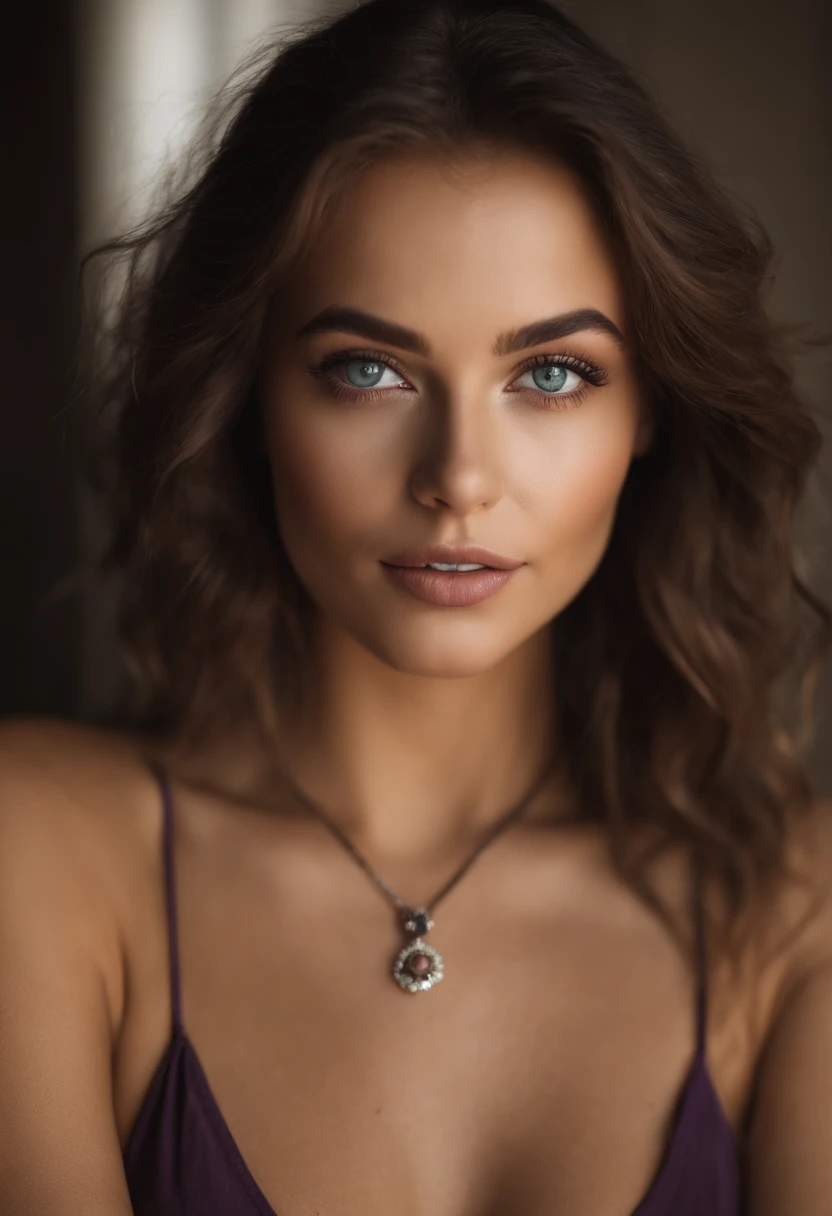 Arafed woman with a white tank top and necklace, fille sexy aux yeux verts, Portrait Sophie Mudd, cheveux bruns et grands yeux, selfie of a young woman, Yeux de chambre, Violet Myers, sans maquillage, maquillage naturel, looking straight at camera, Visage avec Artgram, Maquillage subtil, Superbe photo du corps entier, piercing green eyes