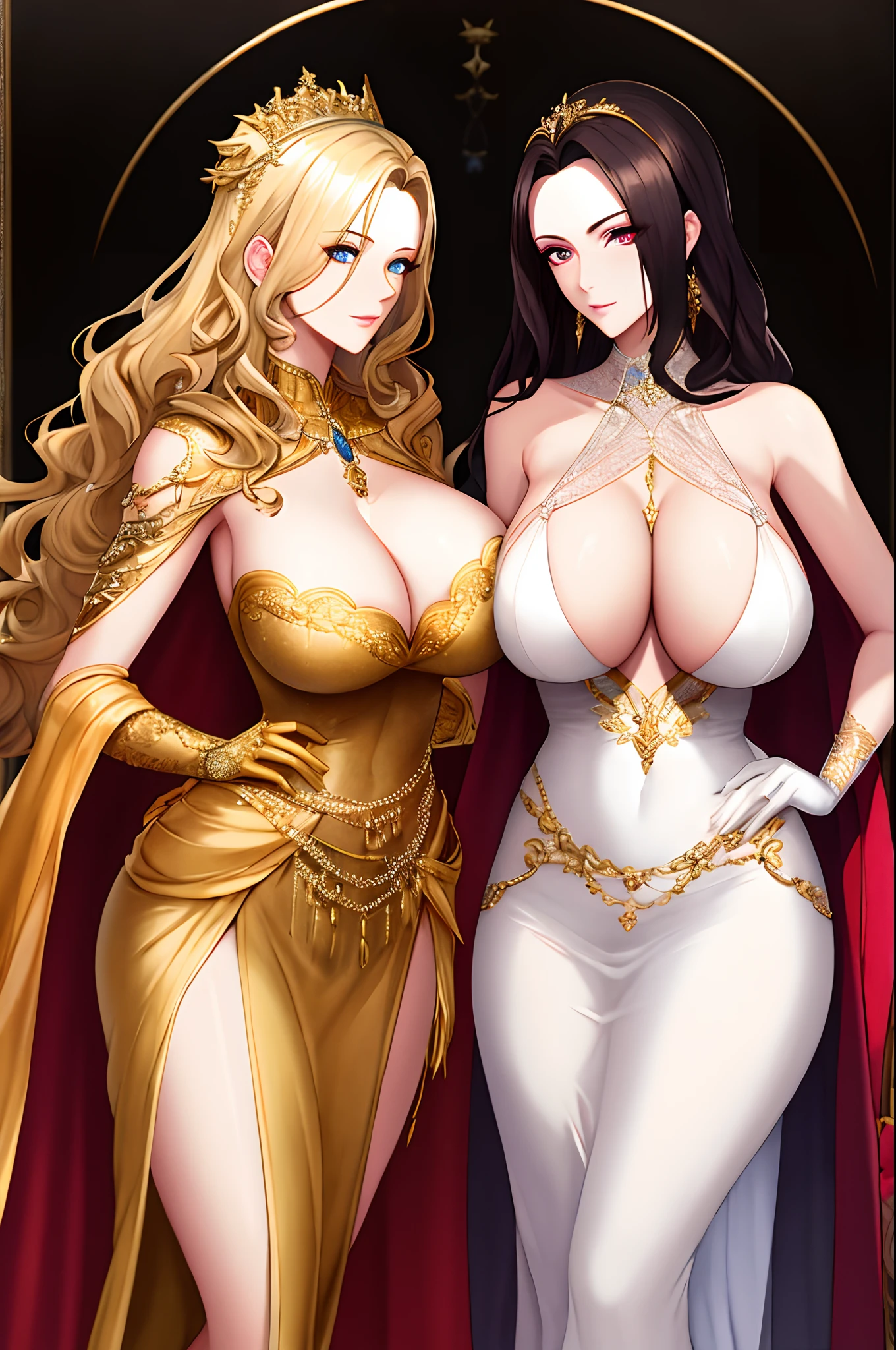 2 women aligned, (confrontation), (looking at viewer), jewel, gorgeous, splendid, luxurious, aristocrat, noble, arrogant, (golden), goddess, queen, curly hair, forehead, mature women, embroidery, white satin dress and gloves and cape, gleaming skin, sagging breasts, huge breasts, nagatiti, perfect eyes, (((face focus))), Simple Background, best quality, high resolution, all intricate,