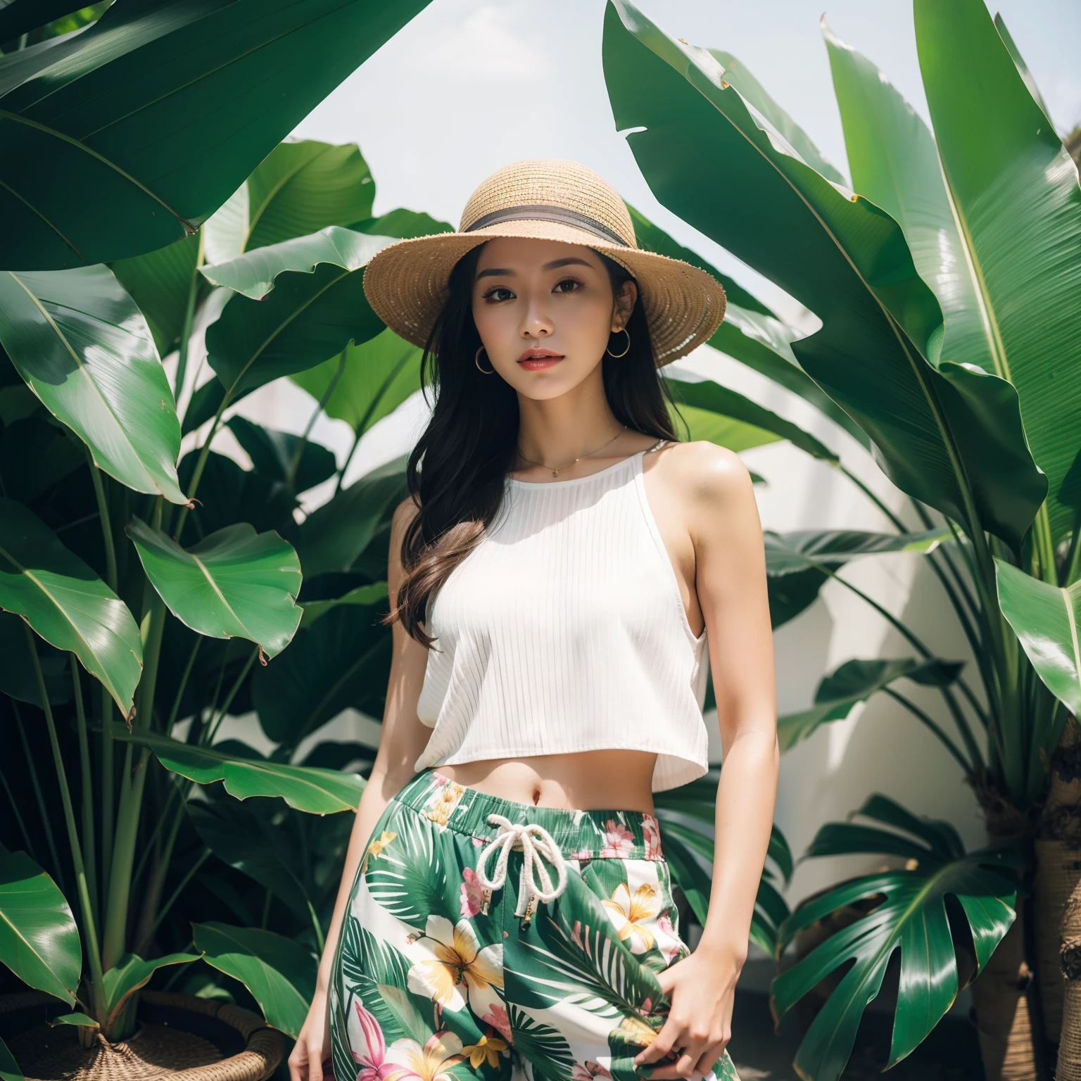 A woman in tropical pants, A hat,