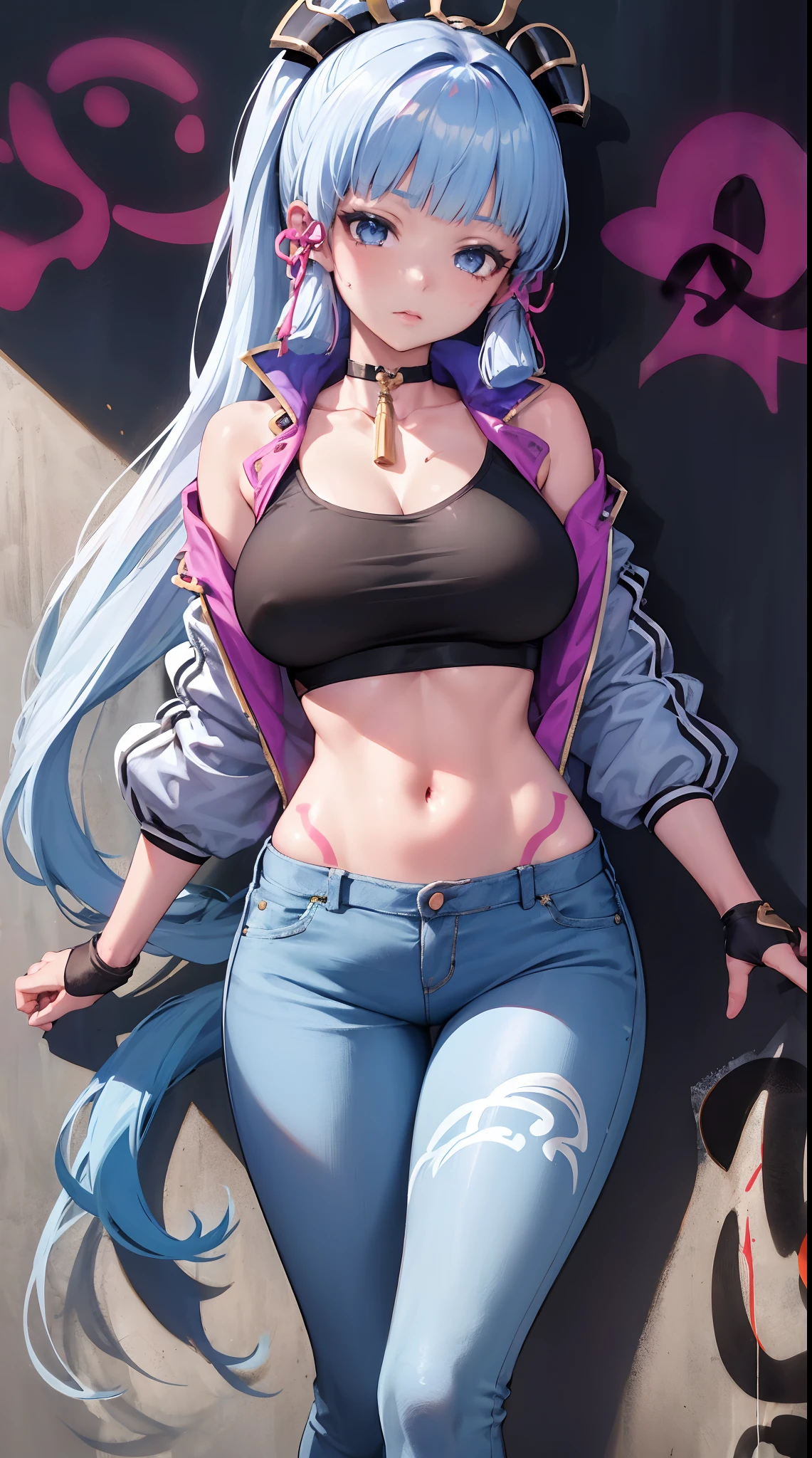 kamisato ayaka|genshin impact, master-piece, bestquality, 1girls,25 years old, proportional body, elongated legs, Beautiful, proportional., crop top, Long Jeans, gigantic breasts, ,bara, crop top, choker, (Graffiti:1.5), Splash with purple lightning pattern., arm behind back, against wall, View viewers from the front., Thigh strap, Head tilt, bored,