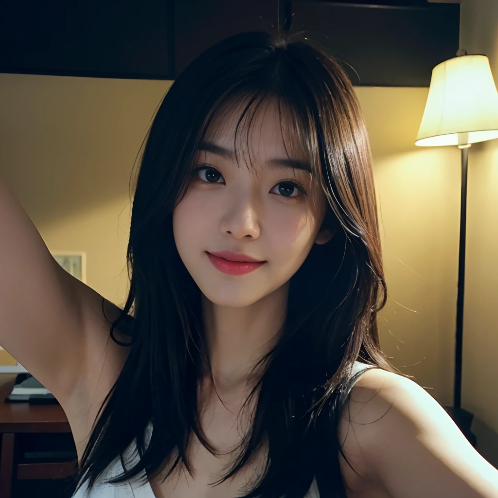 Realistic, Asian, selfie dark room, long hair, split down the middle, black shirt, white shorts, standing, curvy, night time, 1 person woman、Clothed、(Photo Real:1.4)、(hyper realisitic:1.4)、(realisitic:1.3)、 (Smooth lighting:1.05)、(Improve video lighting quality:0.9)、32 k、 1girl in、20 years girl、Realistic lighting、Back lighting、Facial light、raytrace、(cheerfulness:1.2)、(Improved image quality:1.4)、 (Finest Real Textured Skins)、finely eye、finerly detailed face、 ssmile、Red cheeks、close up of face、sleeveless、Korean Idol、Nogizaka Idol、hposing Gravure Idol (Bodyline mood improvement:1.1)、glowy skin、Korean Idol、Nogizaka Idol、hposing Gravure Idol、selfie