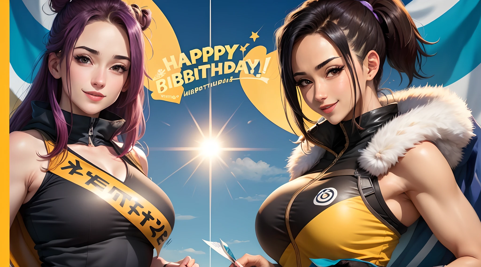 Brautifull banner write happy day realistic with naruto e fluffy ultra realistic melhores sombra pele perfeita luzes volumetricas efeitos luz happy birthday