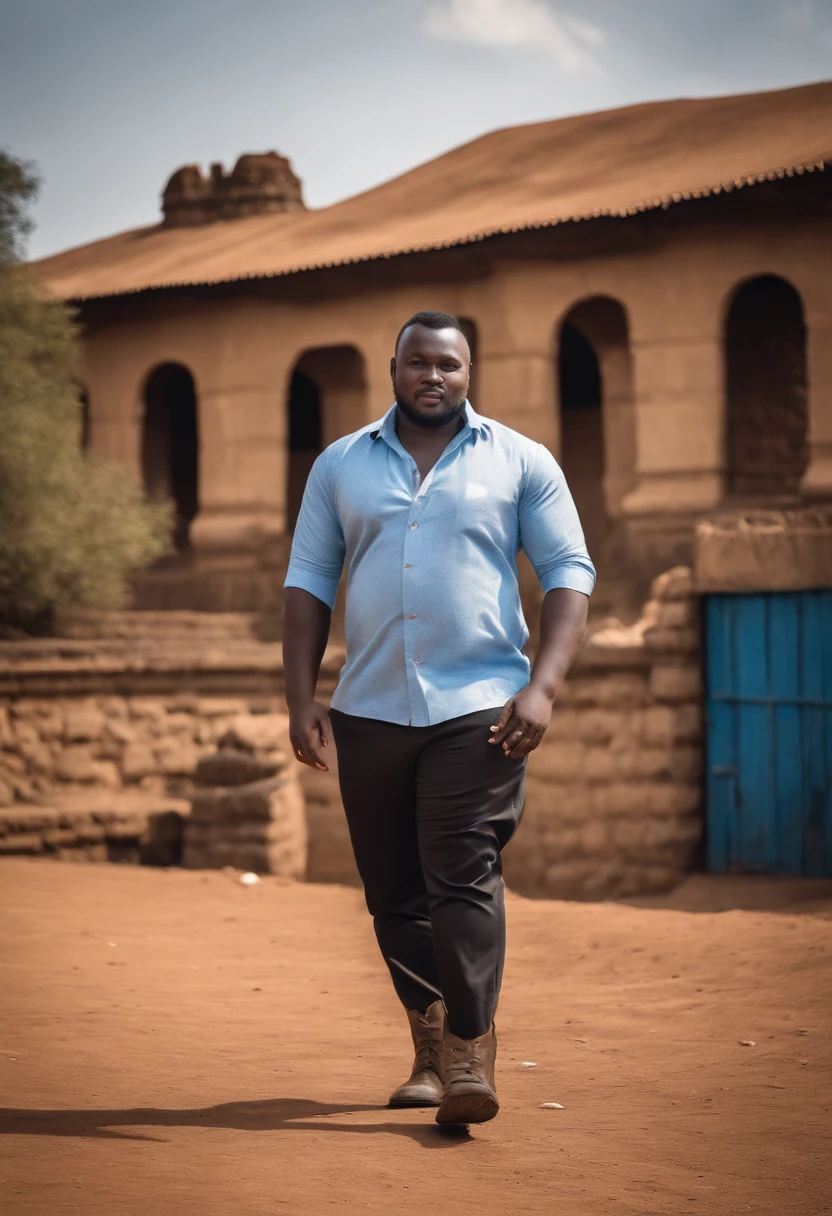 fat black Elegant man, strong physique, grey khaki trouser, white colored ankara shirt, light blue noble blouse, black gumboots, messy black hair, look of satisfaction, short hair, african colored eyes, farmer appearance, holding a silver african rungu, ancient castle, parliament kenya setting.