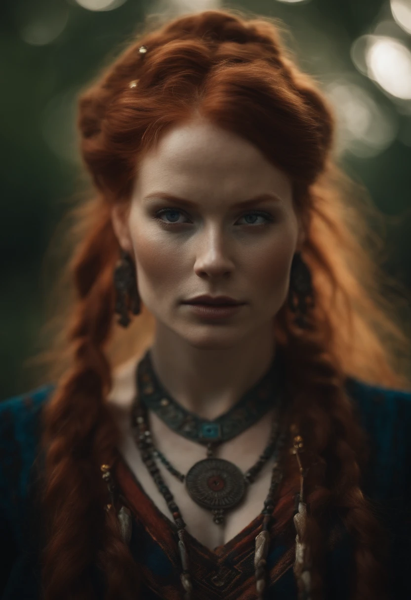 A red-haired goddess with ivory skin and perky eyes With tribal markings