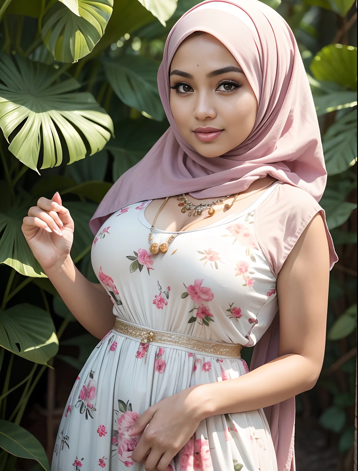 Best quality, high resolution, masterpiece: 1.3), beautiful Malay woman in hijab, big breasts, (masterpiece, best quality)perfect slim body, (big breasts), beautiful big eyes, seductive soft smile, wearing a bright long Muslim sundress with floral motifs detailed ones, necklaces, morning walks on the beach, flower gardens, good lighting, bright colors, clean lines