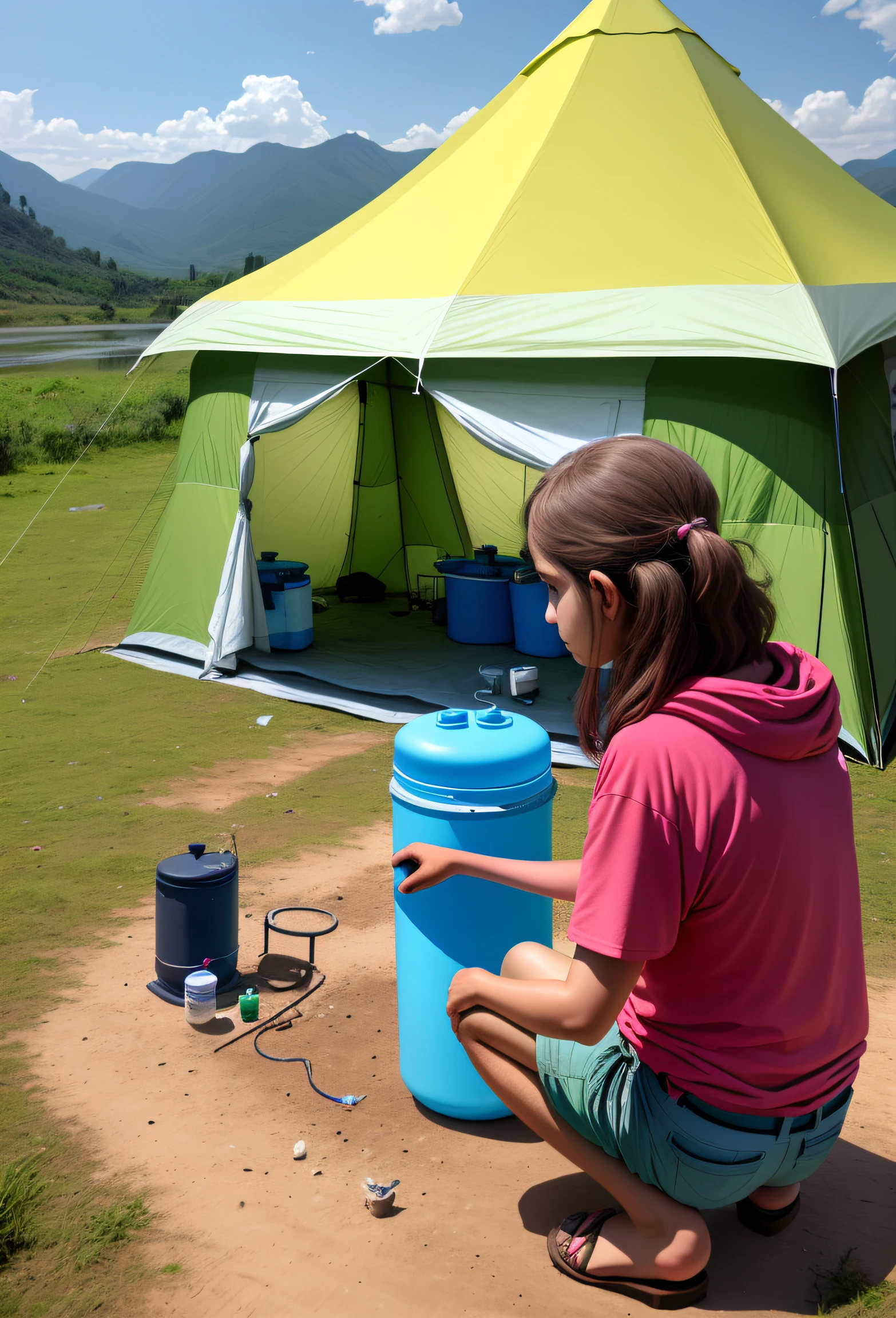 Installation of water collection filters at large campsites for 4K 5 people, Raindrop collector on tent