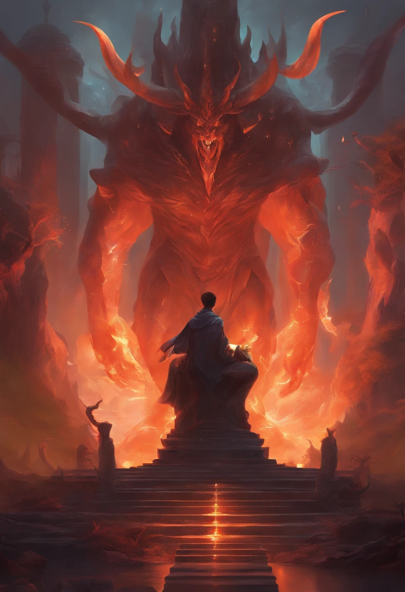 A young man kneels in front of a tall statue of the devil，The black magic qi oozing from the statue，The young man was gradually wrapped in demonic qi