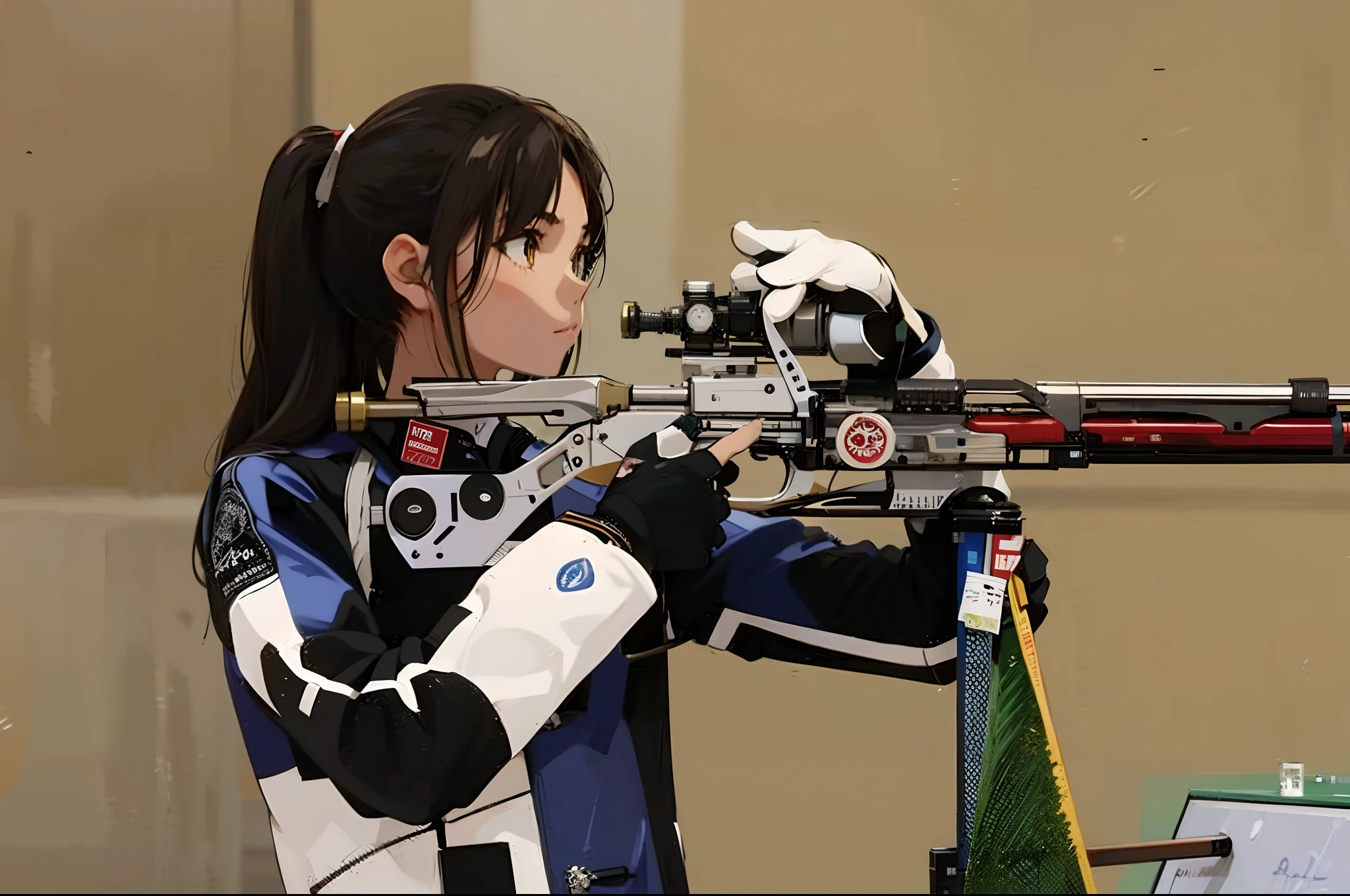 Asian woman，Asian Games women's rifle shooting competition，Aim in shooting competitions，Aim for，k hd，Action details，Two-dimensional animation style，Makoto Shinkai anime style