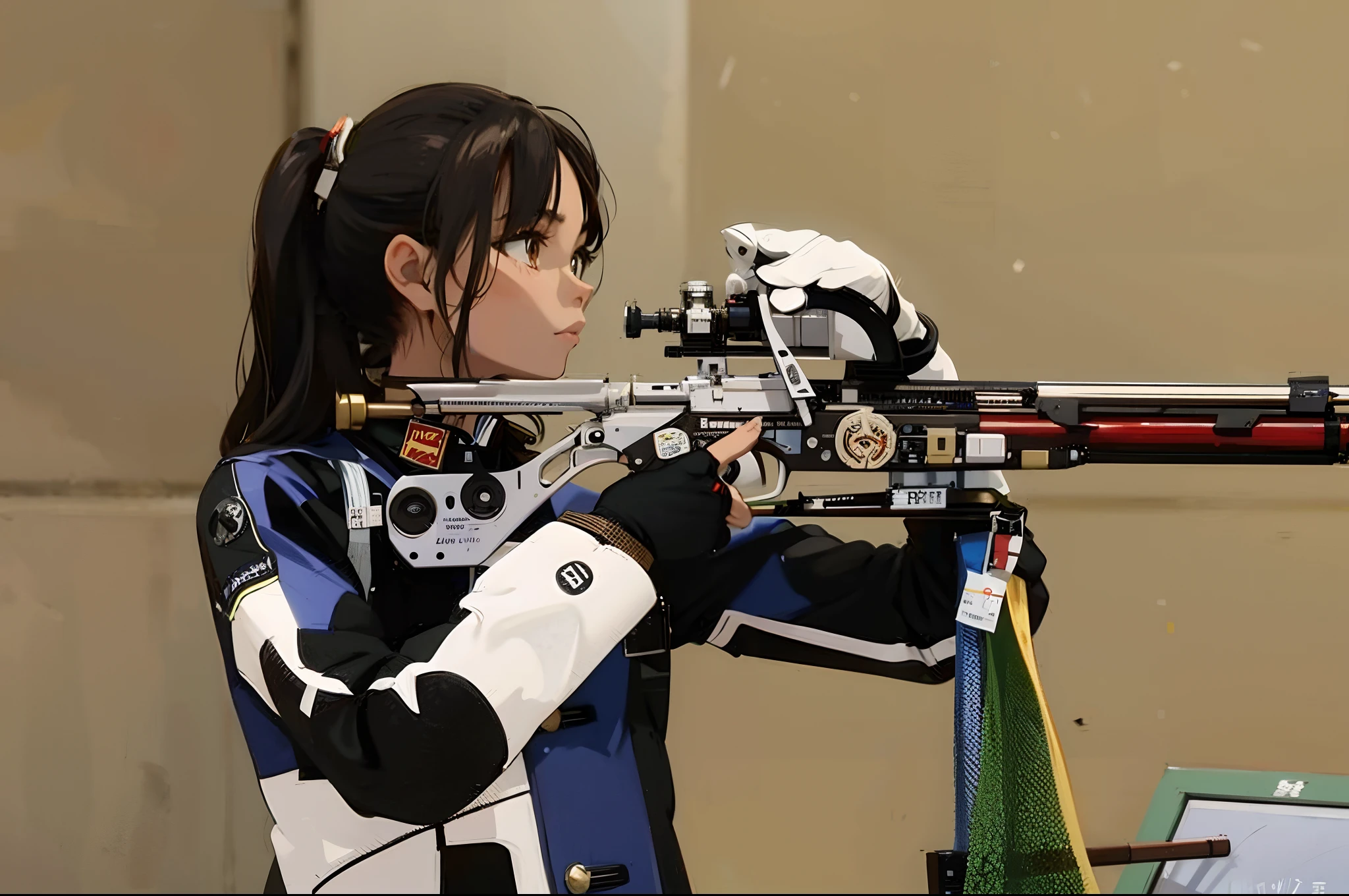 Asian woman，Asian Games women's rifle shooting competition，Aim in shooting competitions，Aim for，k hd，Action details，Two-dimensional animation style，Makoto Shinkai anime style