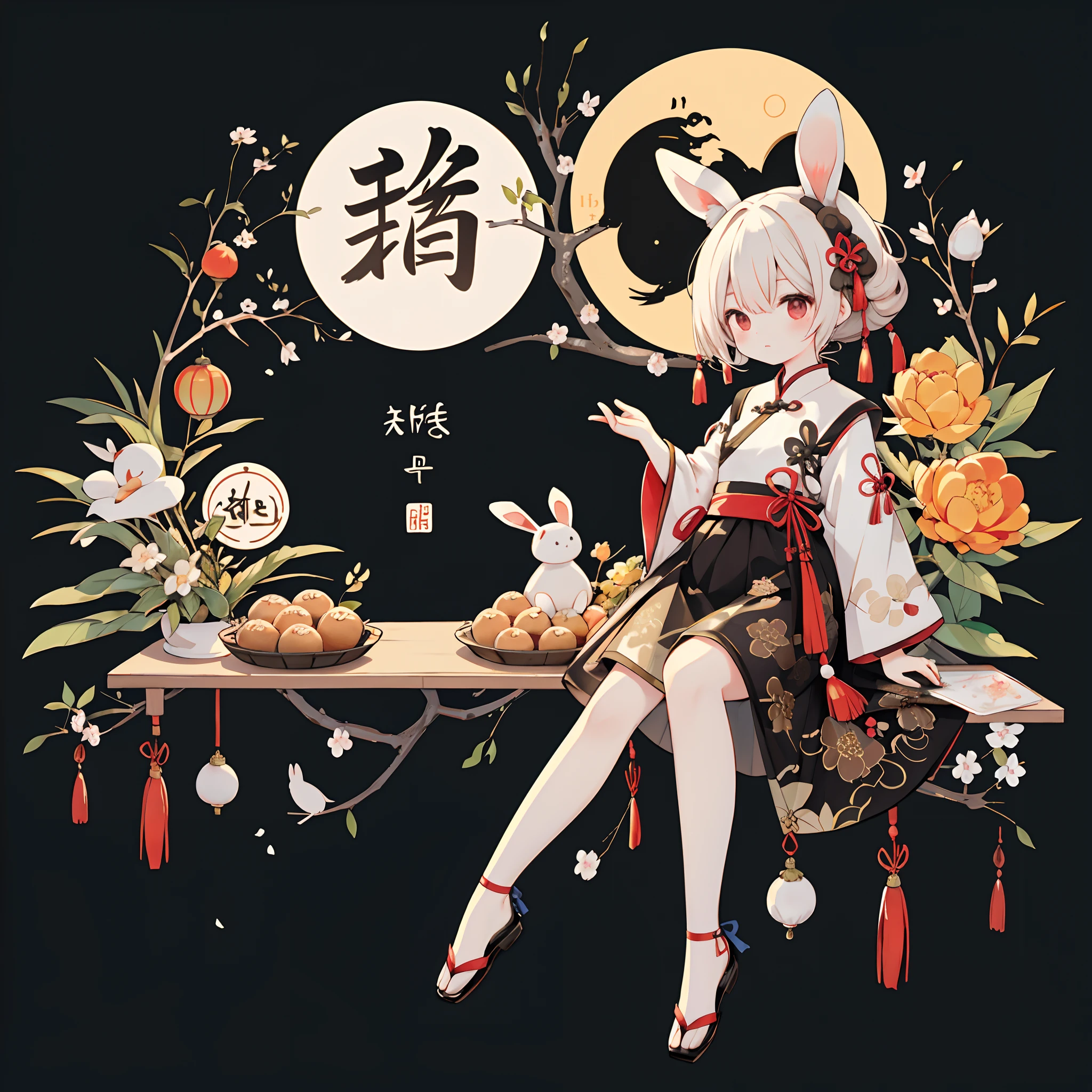 （A rabbit：1.4）, sat on the ground, Looking up, Mid-Autumn Festival atmosphere, sweet osmanthus，Meniscus，Moon cake，（Chinese kanji：1.3），Chinese Traditional illustration style, Digital art, Simple background, Masterpiece on white background, （Amy Sol style），Light abstract cover art， Simple vector art，Best quality, Ultra-detailed, High quality, 4K