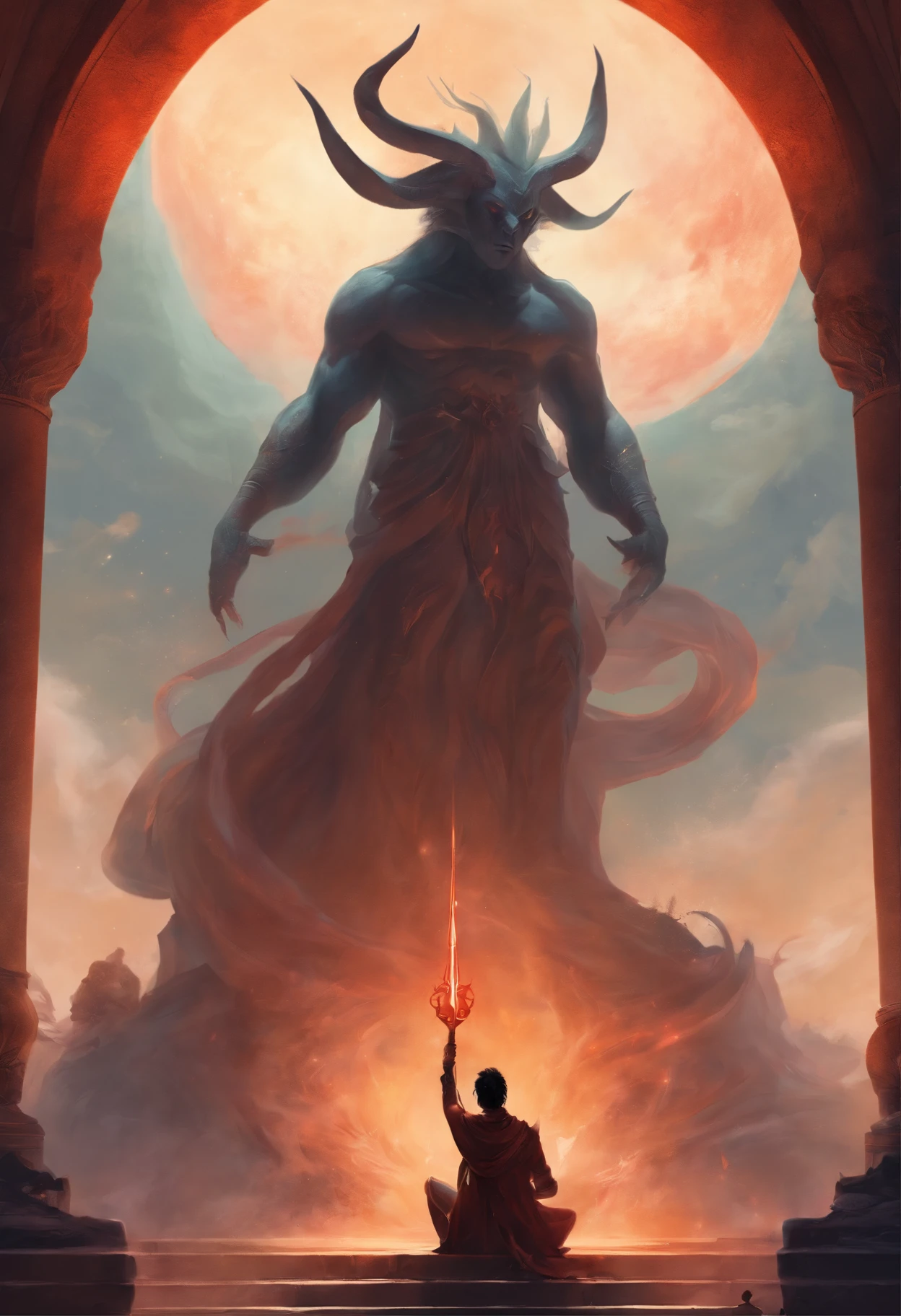 A young man kneels in front of a tall statue of the devil,The black magic qi oozing from the statue,The young man was gradually wrapped in demonic qi