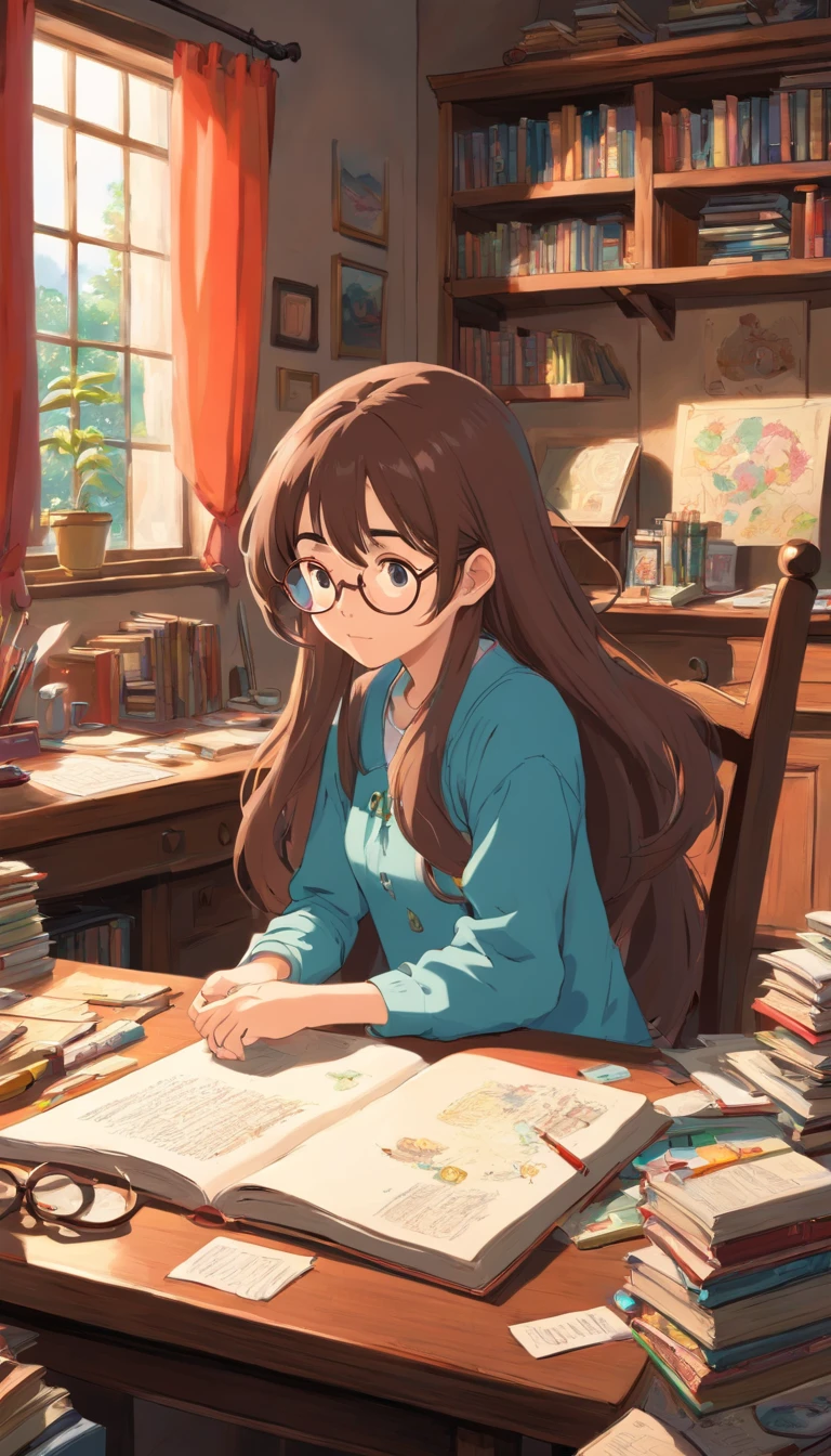 A girl with a long brown hair,with eyeglasses,sitting in a study table with a messy room.