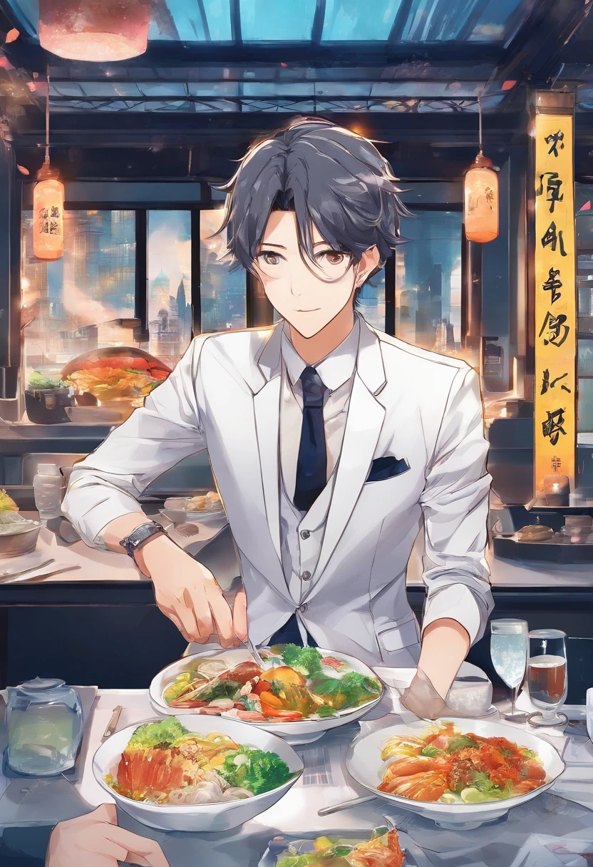 Cool 30 years old,Background set meal restaurant,Men in suits, I'm eating, Delicate and fine, high detal, Trending on ArtStation, 8k, HD,