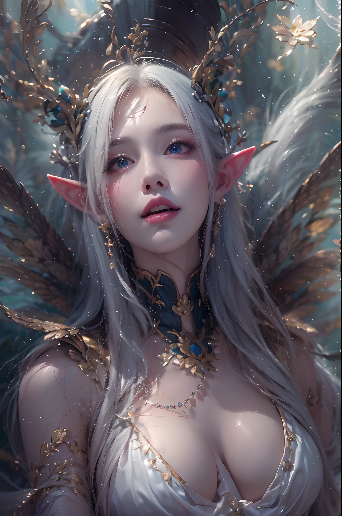 ( Absurd, High quality, Ultra-detailed, Masterpiece, concept-art, smooth, high detail artwork, Hyper-realistic painting ) , elf, Plum elf, plum , Transparent fairy wings, huge tit，low chest，fairytale-like, Romantic, Vivid, Whole body,hand behind back，Malu，largeeyes，（Eye focus），Cosmic eyes，Space eyes，ssmile，In nature with waterfalls，PureErosFace_V1，Urzang-6500-V1 version.1，