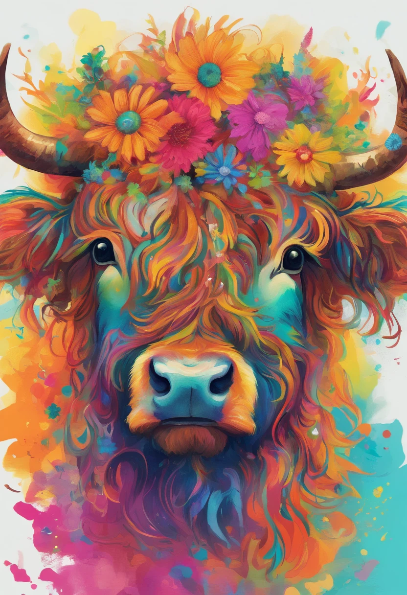 Highland cattle,On his head he wears daisy flowers and plants,up front view,Highland bullhead,bust,water color art,plethora of colors