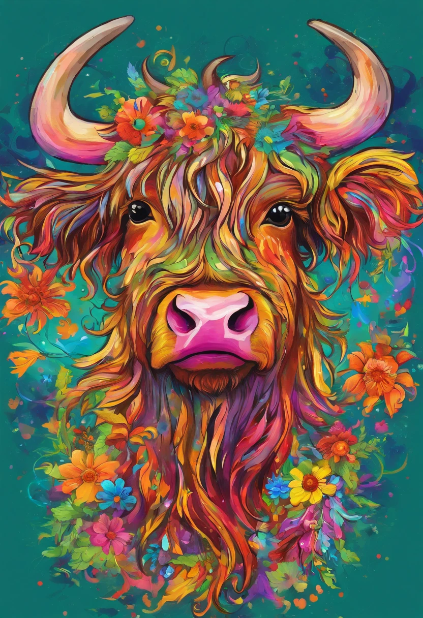 Highland cattle，On his head he wears daisy flowers and plants，up front view，Highland bullhead，bust，water color art，plethora of colors