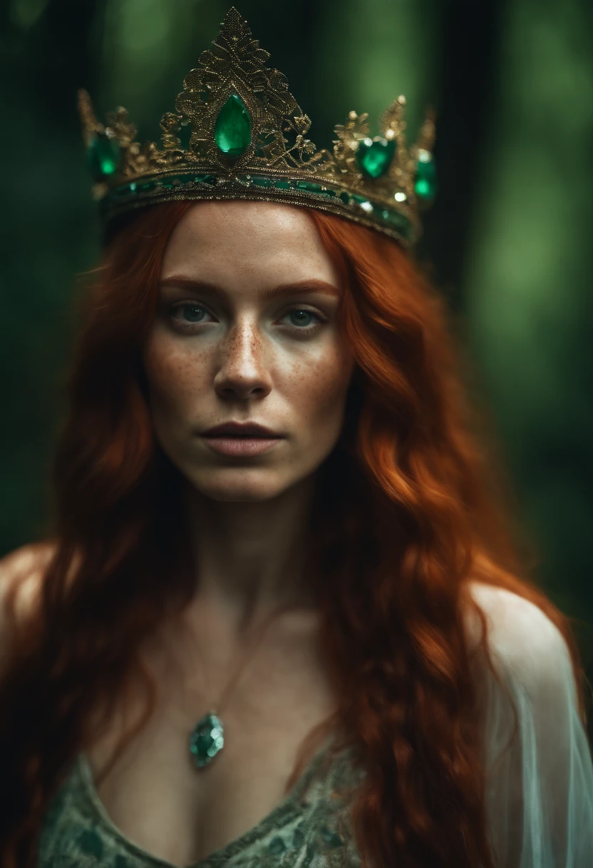 A sensual bohemian young woman with long red hair loosened with freckles and pers eyes with tribal marks on her face and a crown of emerald crystals in the forest