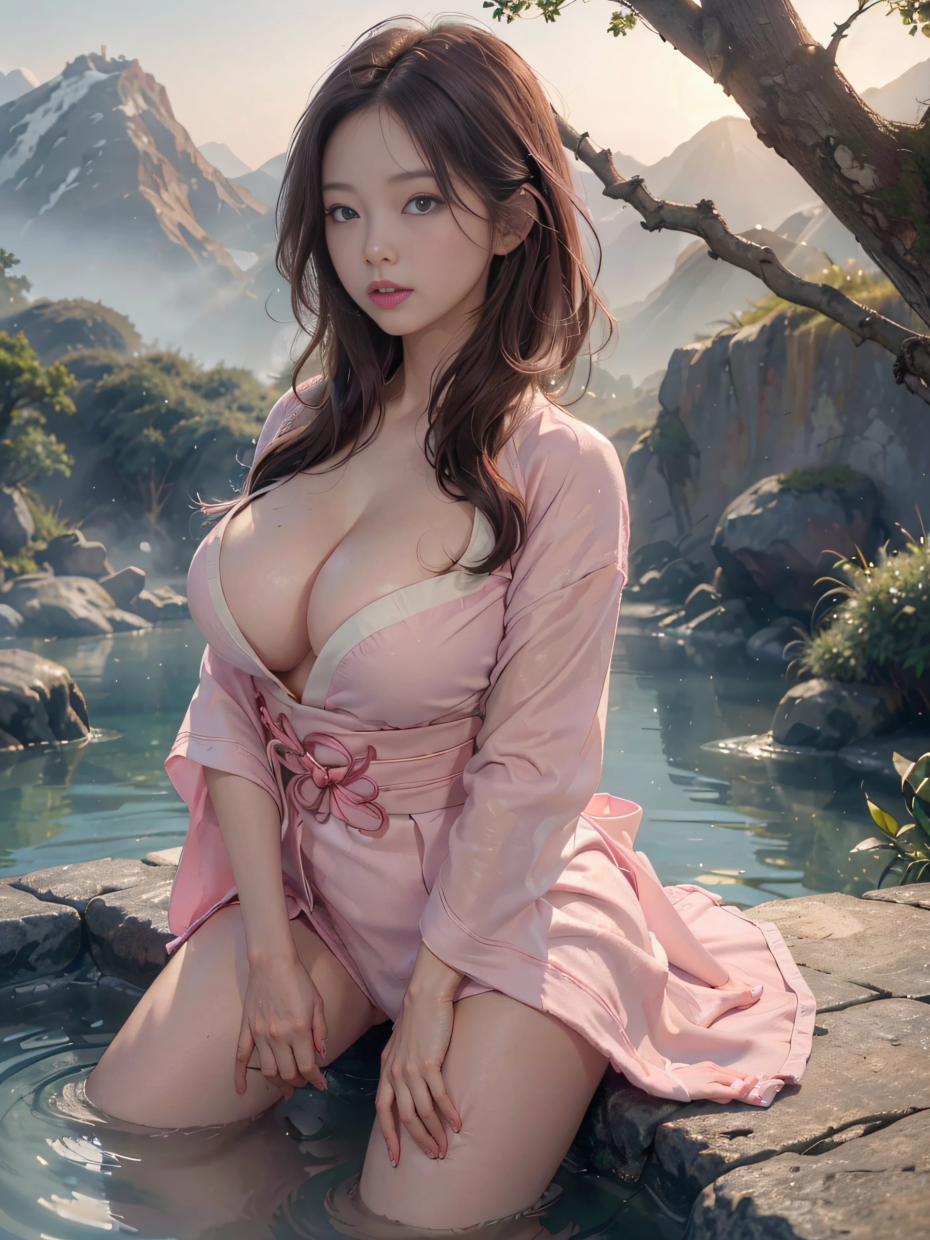 (8K, best quality, high-resolution:1.35),(Raw photo:1.2), (Photorealsitic:1.37), (masterpiece: 1.25), Sweatiness:0.5, dramatic lighting, photon mapping, radiosity, symmetry, complexity, elegance, ((1 girl)), (full body), medium breast, ((long dark brown hair hair)), blue eyes: 1.2, (long eyelashes), eye shadow, natural makeup, clear facial features, alluring, attractive, curvy build, (mature female body: 1.1), (exposed cleavage), ((wearing pink/white Yukata)), sexy pose:1.5, shrine/monastery in magical forest scenery, mountains, waterfall, ((hot springs)), sunset,