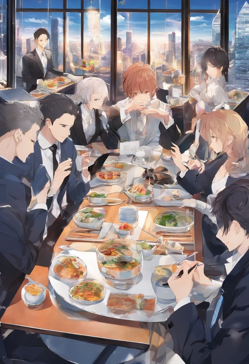 30-years old,Background set meal restaurant,Men in suits, I'm eating,high detal, Trending on ArtStation, 8k, HD,
