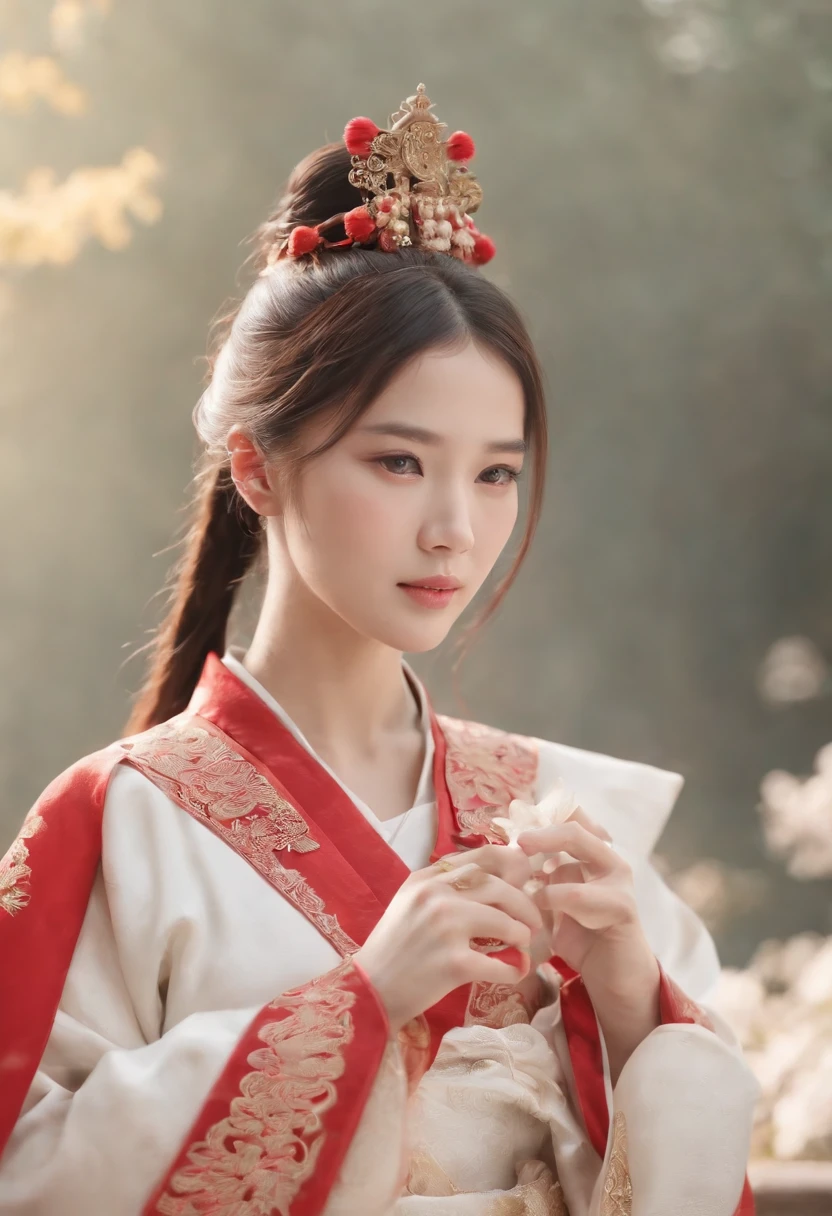 A girl, ancient Chinese costume, whole body, sunshine, clear face, clean white background, masterpiece, super detail, epic composition, ultra HD, high quality, extremely detailed, official art, uniform 8k wallpaper, super detail, 32k