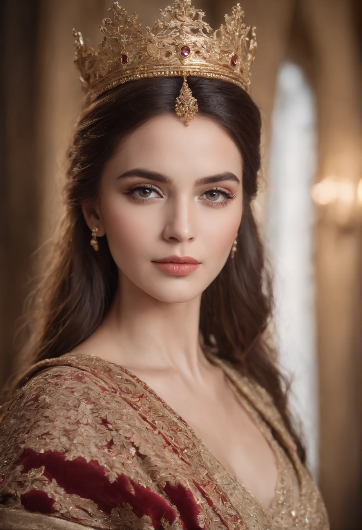 (Best quality,Ultra-realistic:1.2),A high resolution,Ultra-detailed,Portrait,Wife of King Solomon,urban backdrop,Beautiful detailed eyes,beautiful detailed lips,Folklore,Strong personality,noble attire,Stand confidently,Bright lighting,Vivid colors,Carved skin,Fine jewelry,historical context,Calm and powerful manners,Dark red and gold color scheme,Natural makeup,glowing complexion,ornate crown,Royal and elegant presence,Serene expression,Enhance facial features,Flowing luxury hair.