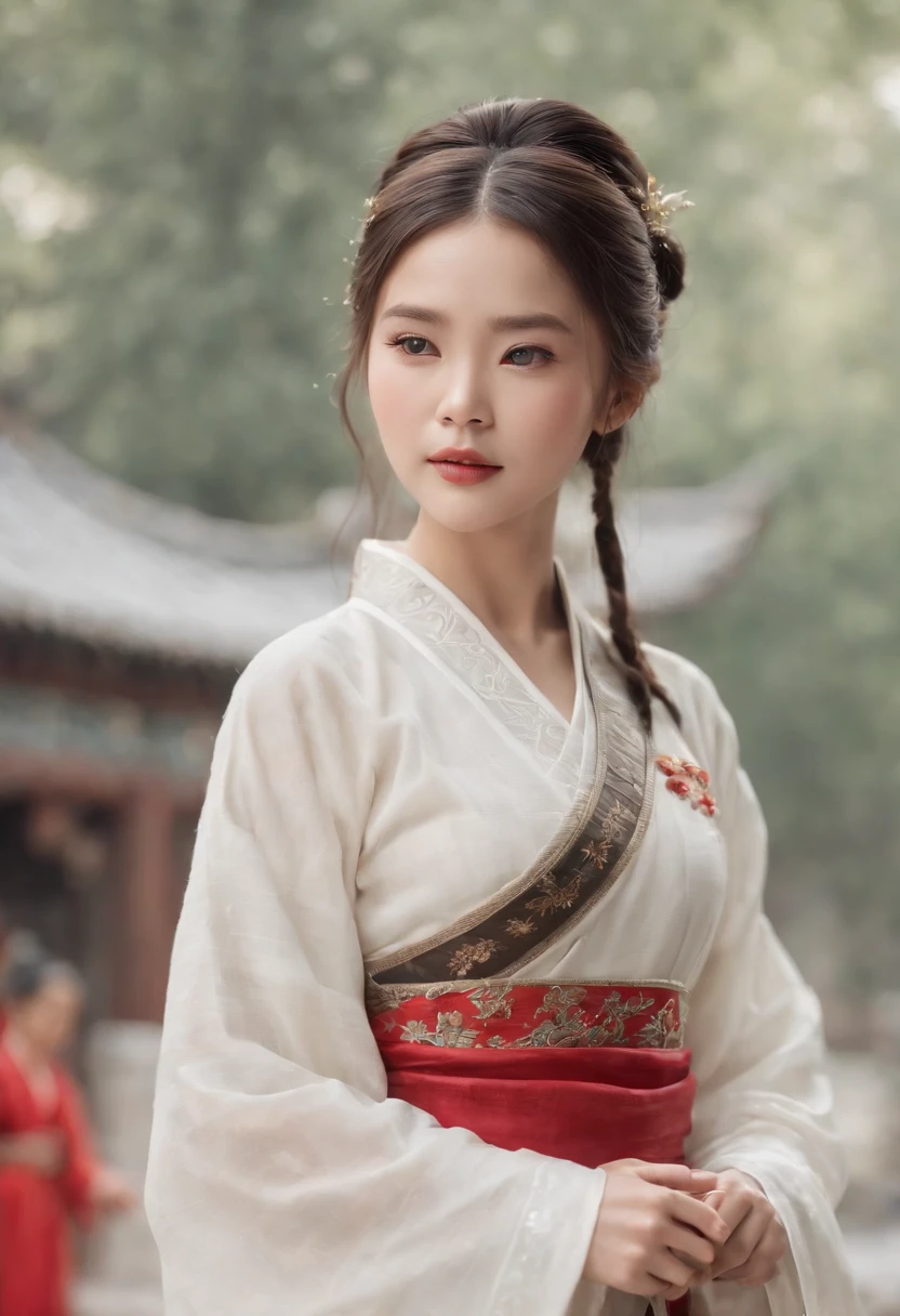 A girl, ancient Chinese costume, whole body, sunshine, clear face, clean white background, masterpiece, super detail, epic composition, ultra HD, high quality, extremely detailed, official art, uniform 8k wallpaper, super detail, 32k