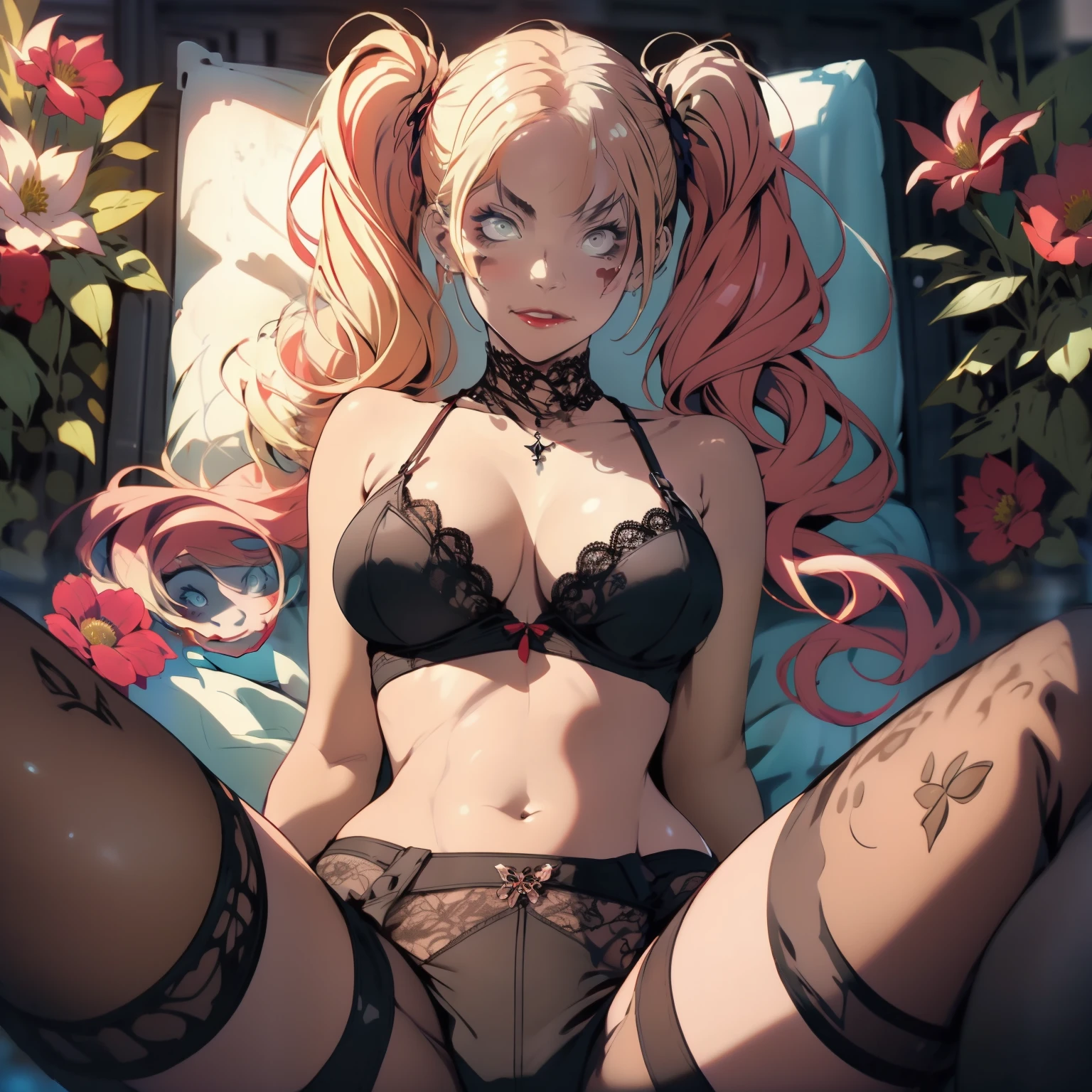 Masterpiece, best quality, super detailed, illustration, beautiful detailed eyes, ((far view, wide angle 1.31)), on the outside, a woman, 
Harley Quinn, intricate designed lace bra, lace intricate pantyhose, twintails, sexy, facing face, big breasts, cleavage, big breasts, blushing, masturbation, lying, lie on bed, flowers, Grab your own breasts, Spread your legs, bare legs, Raise your legs, underboob, visible bellybutton,