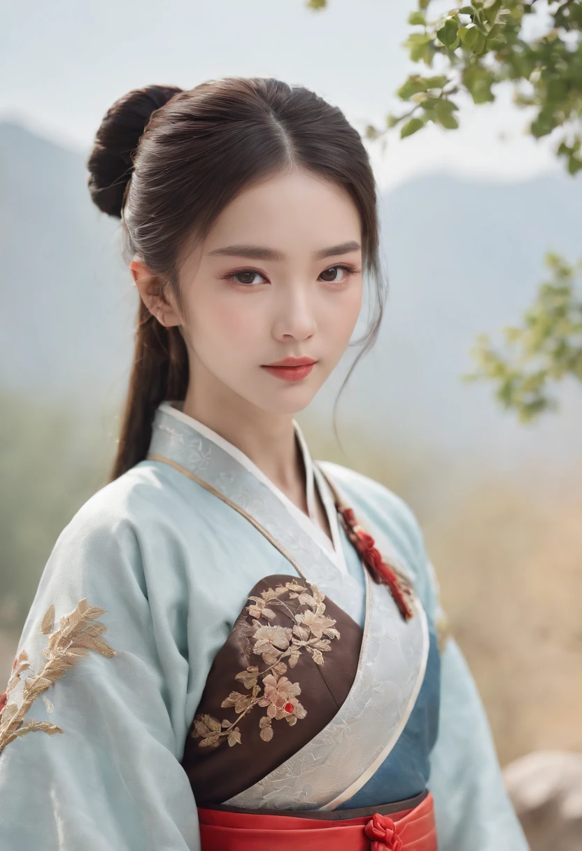 A girl, ancient Chinese costume, whole body, sunshine, clear face, clean white background, masterpiece, super detail, epic composition, ultra HD, high quality, extremely detailed, official art, uniform 8k wallpaper, super detail, 32k