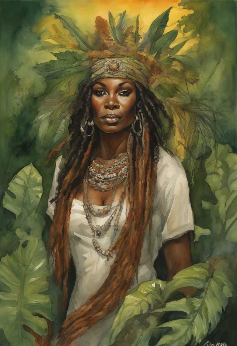 ((Masterpiece:1.4, Best quality:1.2)), Voodoo priestess, marshes, dreadlocks, skulls, Artwork portrait, adam hughes, Sexy, Erotic.