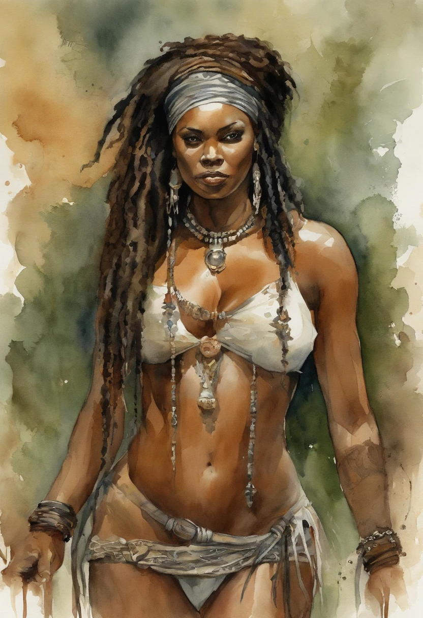 ((masterpiece:1.4, best quality:1.2)), a voodoo priestess, swamp, dreadlocks, skulls, artwork portrait, adam hughes, sexy, erotic.