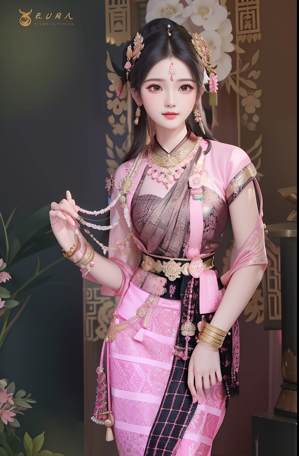 a woman in a pink and black dress holding a necklace, traditional beauty, sukhothai costume, traditional dress, very beautiful enga style, traditional clothes, wearing an ornate outfit, nivanh chanthara, traditional, traditional clothing, south east asian with long, wearing bihu dress mekhela sador, wearing an elegant tribal outfit, traditional costume