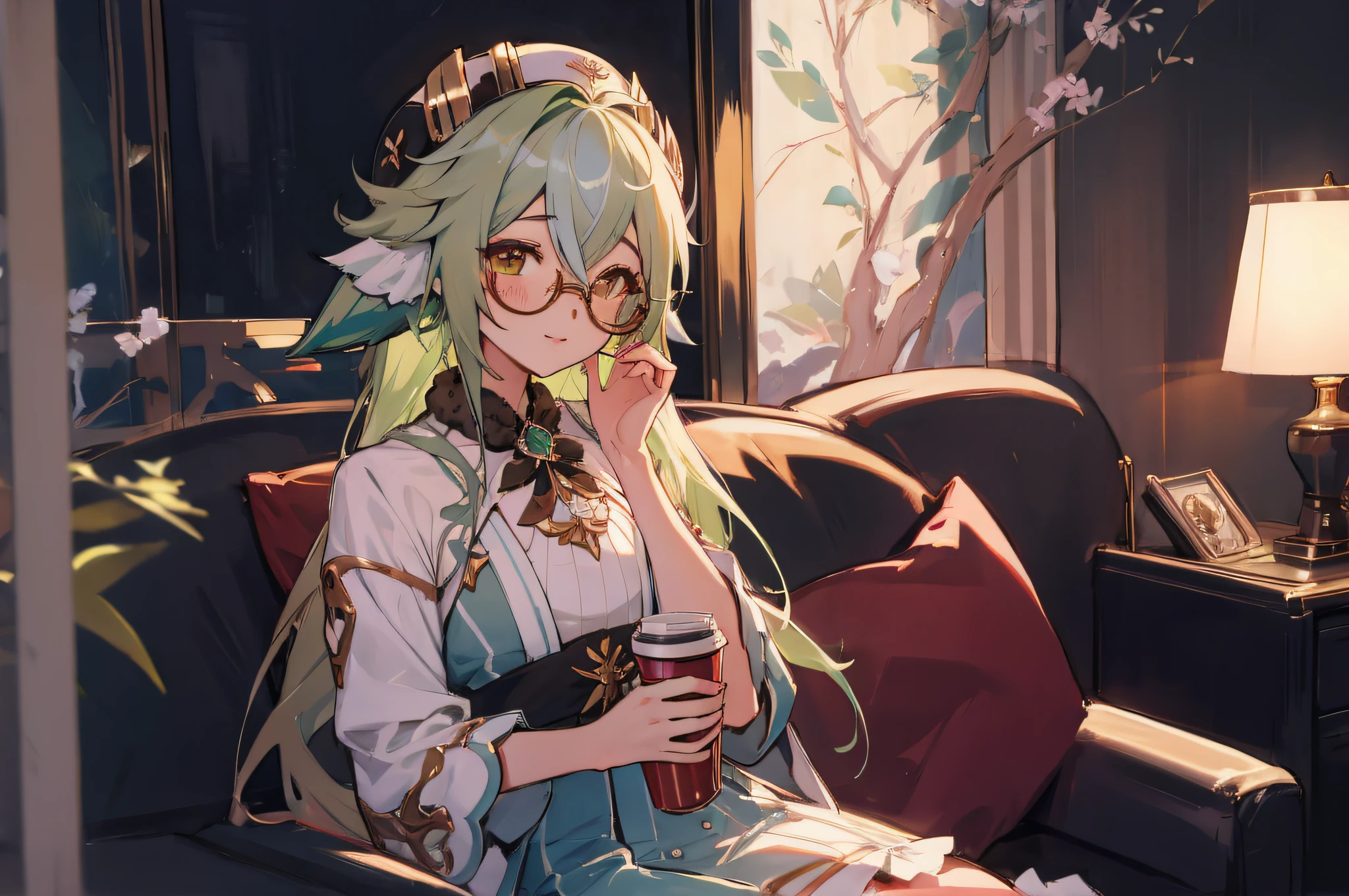 (masterpiece, best quality, detailed),1girl,sucrosedef,(green hair:1.2), glasses, sitting on a couch holding a cup of coffee, seductive anime girl, attractive anime girl, anime best girl, beautiful anime girl, (anime girl), cute anime girl, pretty anime girl, relaxed pose, anime girl drinks energy drink, with a drink, an anime girl,eye details,teasing smile, clean detailed anime art,high resolution, (perfect hands, perfect anatomy),