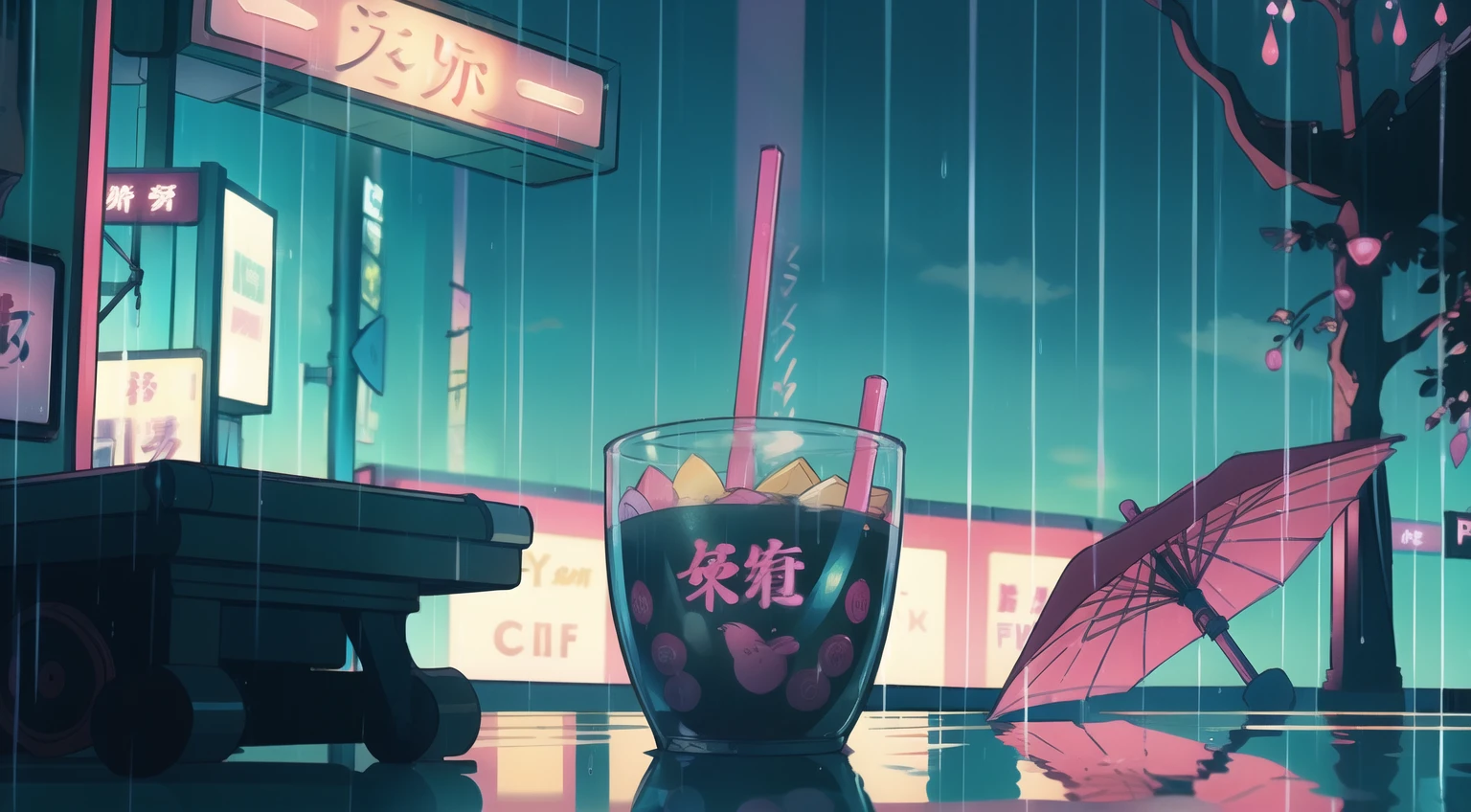 Rain-soaked street, Colorful umbrellas dot the cityscape with blue and pink splashes. Neon sign in retro style、Reflection of wet pavement, Establishment of the Lower Urban Symphony. Soft piano melodies set the mood, Evokes a calm and meditative atmosphere. a person々Flock to a cozy café, While the rain is dancing outside、Drink hot drinks, Turn the city into a serene lofi