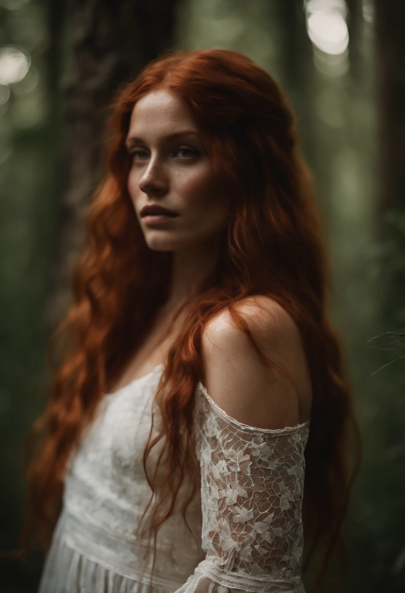 A sensual bohemian young woman with long red hair loosened with freckles and pers eyes with tribal marks on her face a white lace dress in the forest