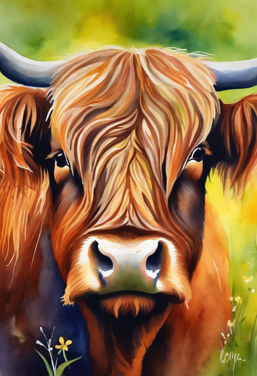 Highland cattle,He wears daisy flowers and plants on his head,up front view,Highland bullhead,Bust,water color art,plethora of colors