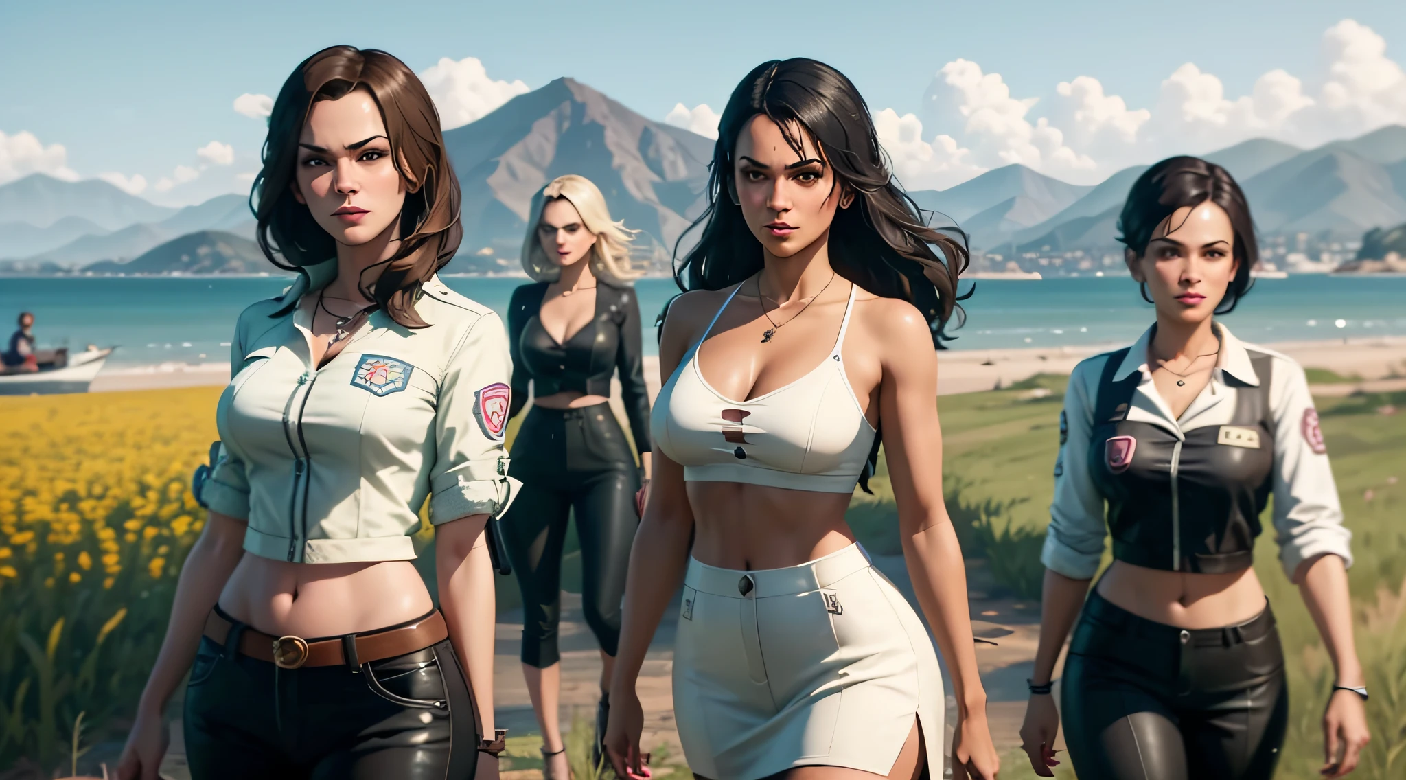 there are three women standing in a field with a boat in the background, style of gta v, gta v gameplay screenshot, gta5 style, gta v style, gta v screenshot, gta 5 screenshot, gta v character, gta 5 skin tone, gta character, screenshot from gta v, as the protagonist of gta 5, drake in gta v, as a character from gtav