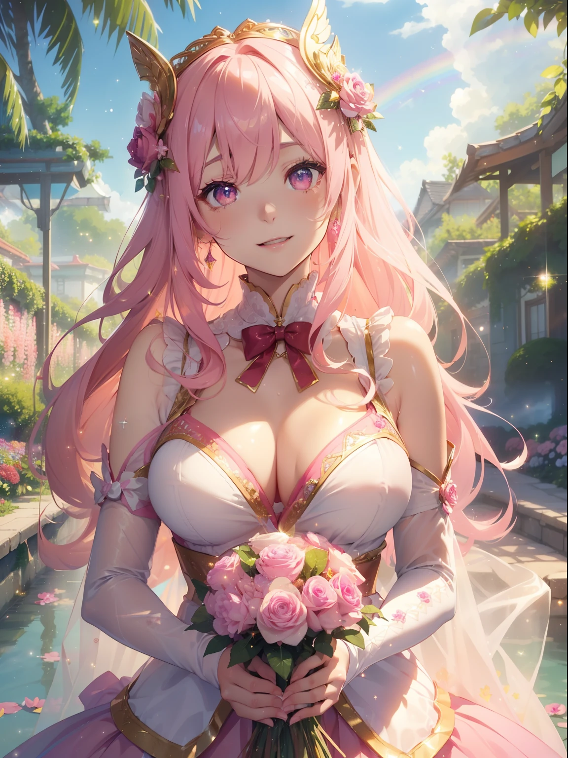 masutepiece, High resolution, 8K, anime woman, Delicate and detailed writing 、Detailed digital illustration、Very long hair and shiny、Bangs、a very beautiful woman、Eyes are double, Large, Bust is D cup、High image quality, High quality、Detailed background、(((Wearing idol clothes)))、((Colorful flower garden、Very beautiful background of clouds and rainbow in the sky))、(The inside of the eye shines like a diamond、Light pink hair、Gradient pupil、(((2 arms、4 fingers, 1 thumb)))、Detailed female face、Very beautiful and cute woman、、细致背景、masterpiece、Soft Focus , Bright gradient watercolor , Lens Flare , (((Glitter))) , Glow , Dreamy , 、Less exposure、Nothing at hand、Idol、Pink ribbon、Very beautiful red rose hair accessories、Pink and gold outfit、White is the main costume、((Laughing))、((Macro for the eyes))、Happy、A lot of colorful balloons are flying、Have a colorful bouquet