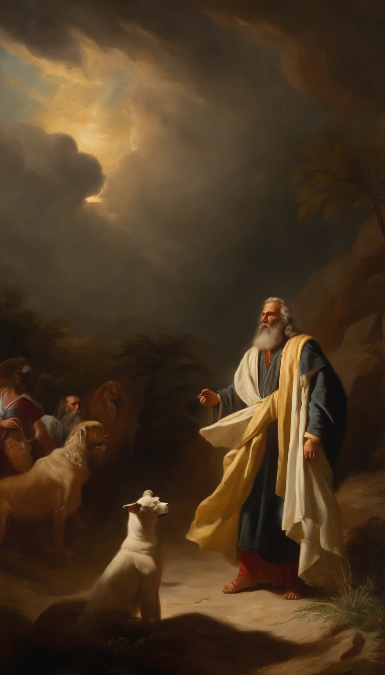 Prophet Elijah confronting Ahab and Jezebel, standing tall and resolute on a windswept hill, his fiery gaze locked onto the royal pair, Ahab in kingly robes, looking uneasy, and Jezebel, adorned in her queenly attire, exuding defiance, the backdrop of an ancient Israelite city witnessing this momentous confrontation, an atmosphere thick with tension and divine intervention, the sky overcast with gathering storm clouds, their dark presence amplifying the gravity of the encounter, occasional sun rays piercing through, spotlighting Elijah as the voice of divine judgment --ar 16:9 --c 21 --s 910
